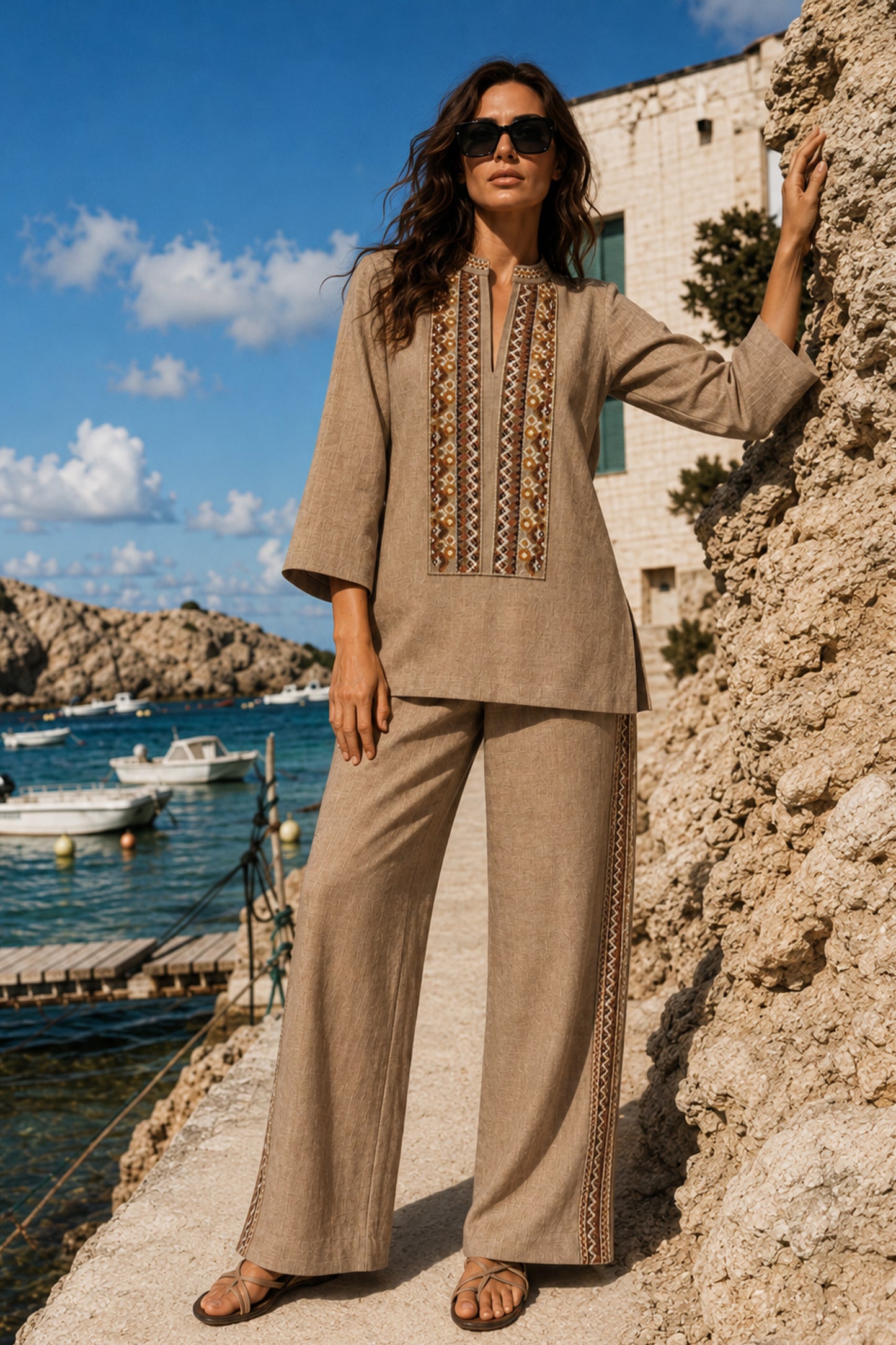 EMBROIDERED LINEN-TEXTURED LONGLINE TOP