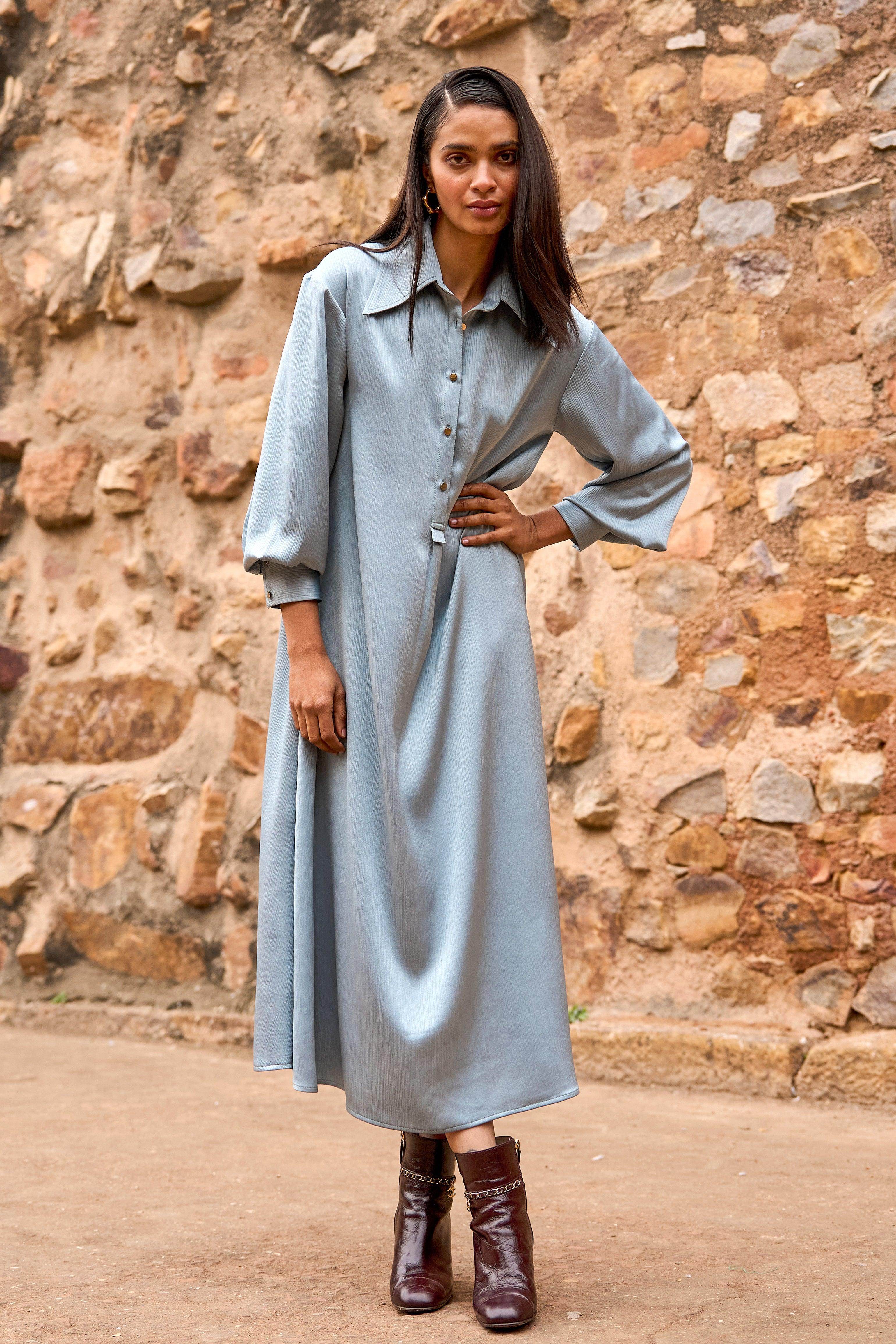 TEXTURED SATIN SHIRT DRESS XS / Petrol TEXTURED SATIN SHIRT DRESS XS / Petrol