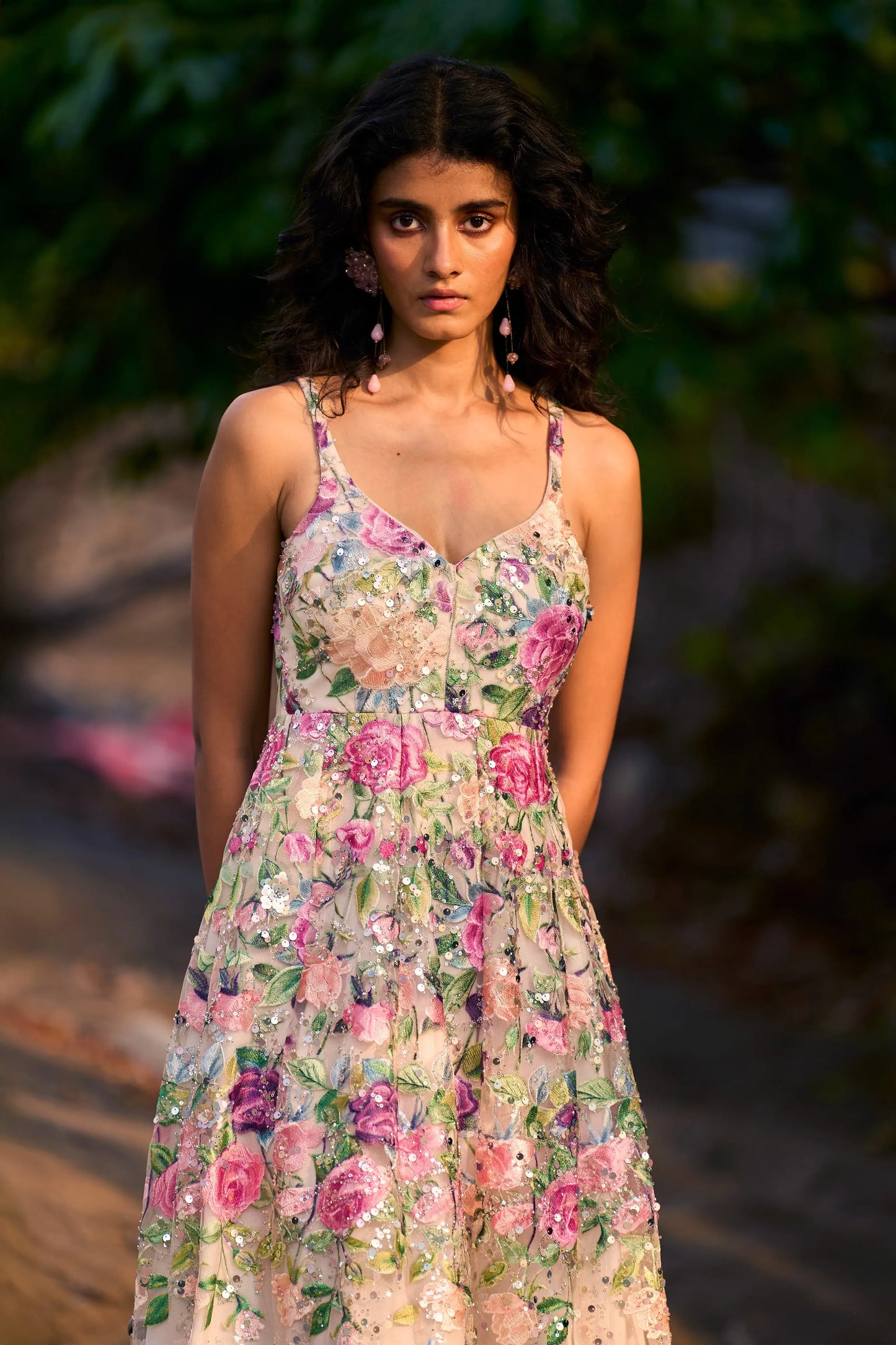 FLORAL SEQUIN MESH GOWN