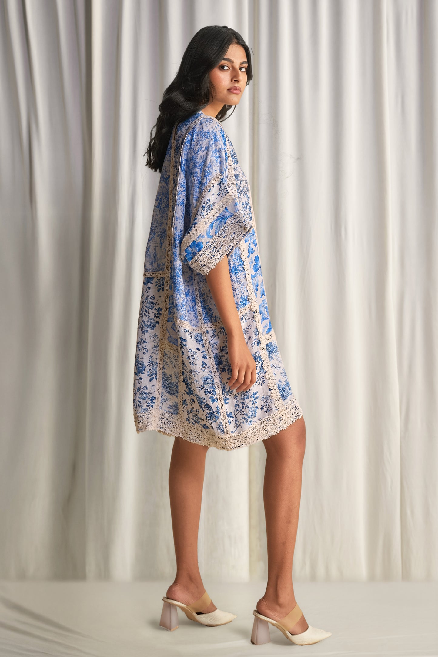 SILK-LINEN PORCELAIN PRINT PATCHWORK DRESS