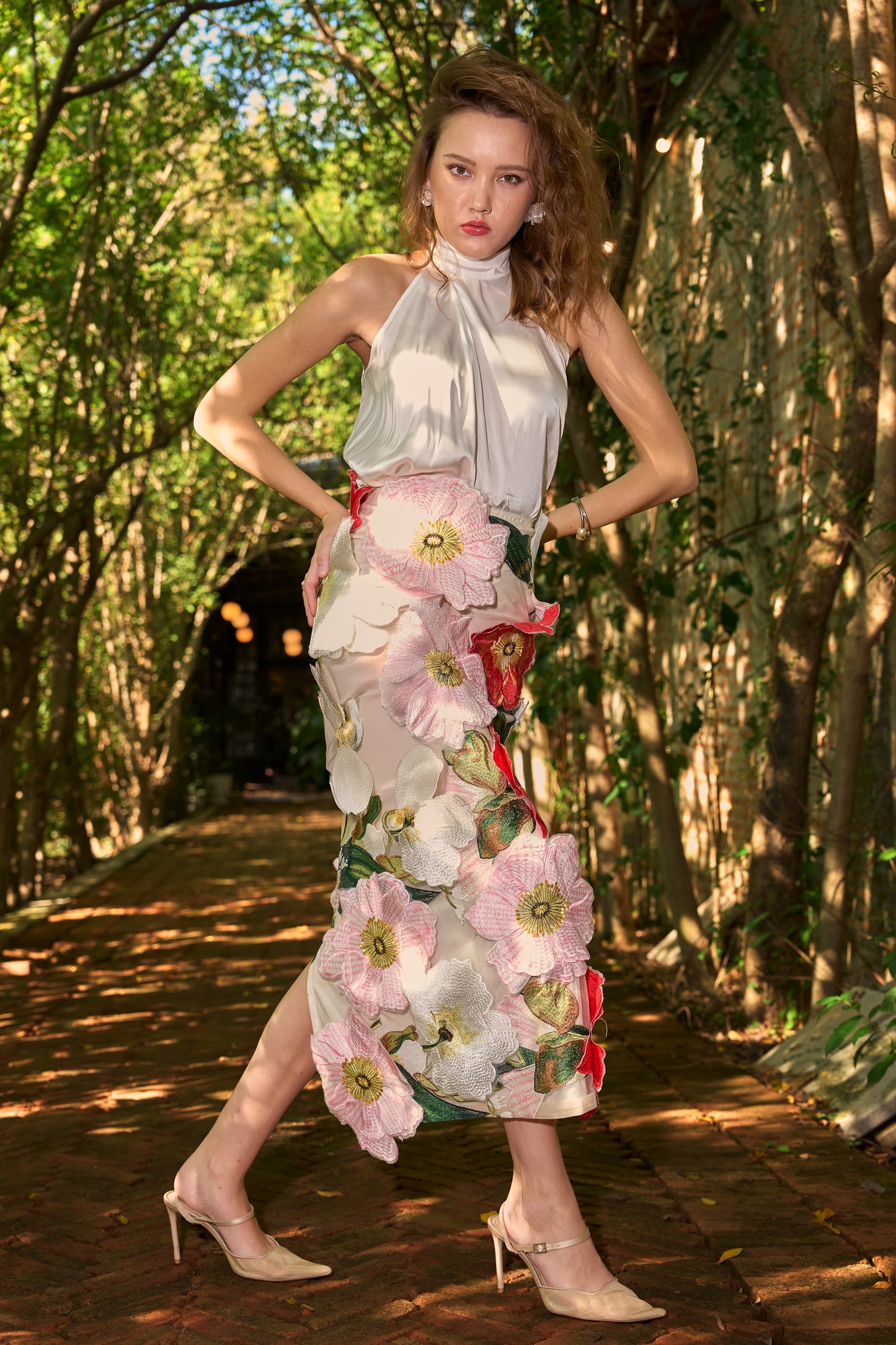 IVORY SATIN HALTER TOP & 3D FLORAL MIDI SKIRT