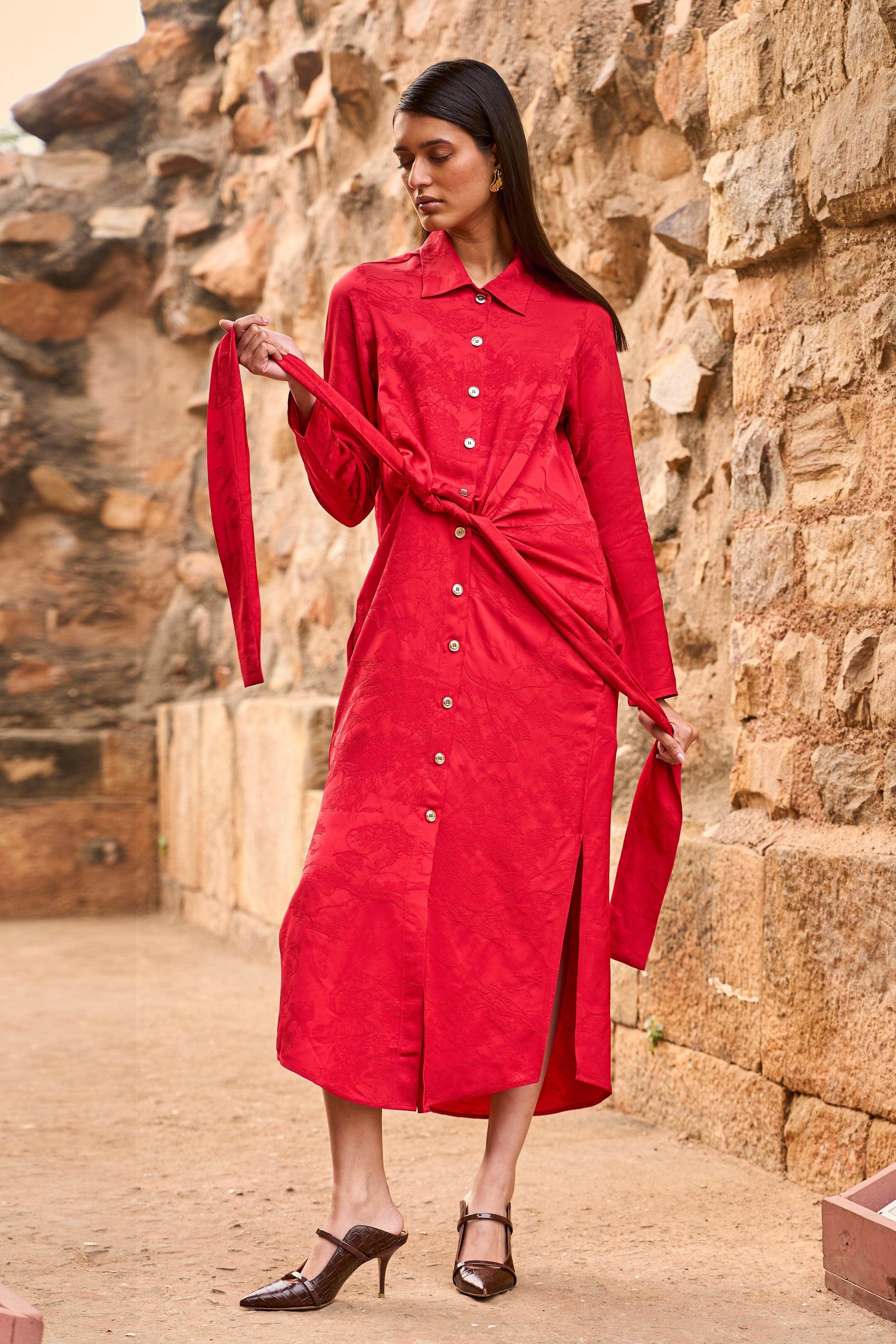 RED JACQUARD SHIRT DRESS - dash and dot