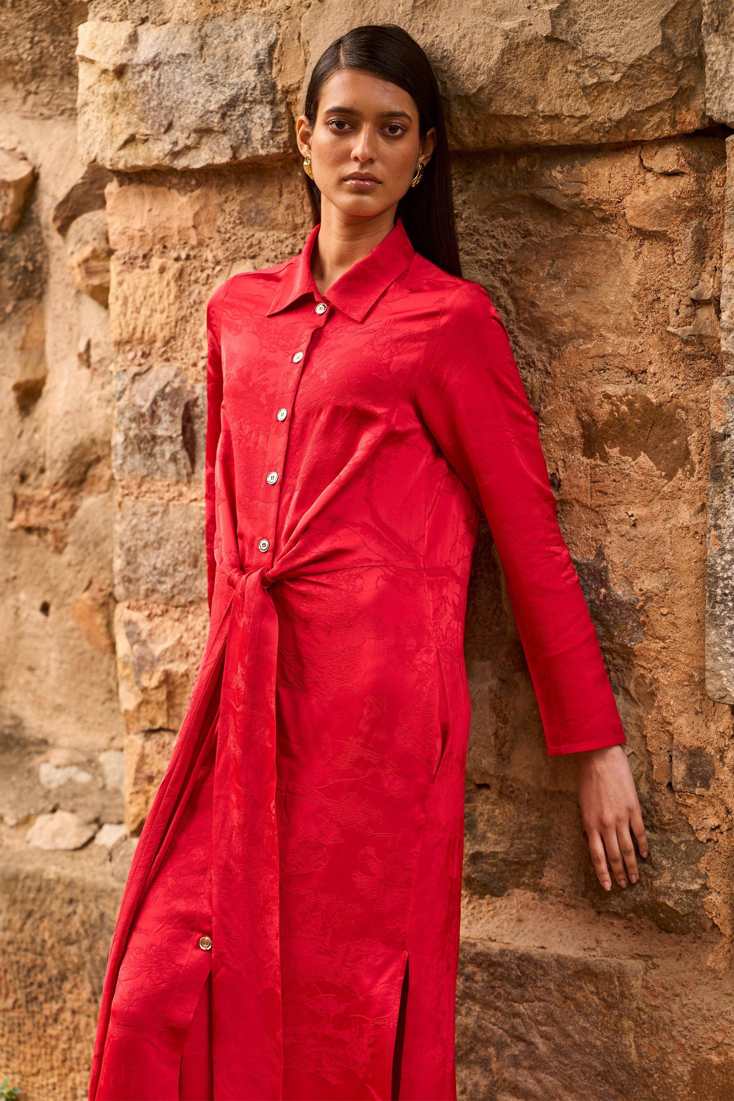 RED JACQUARD SHIRT DRESS - dash and dot