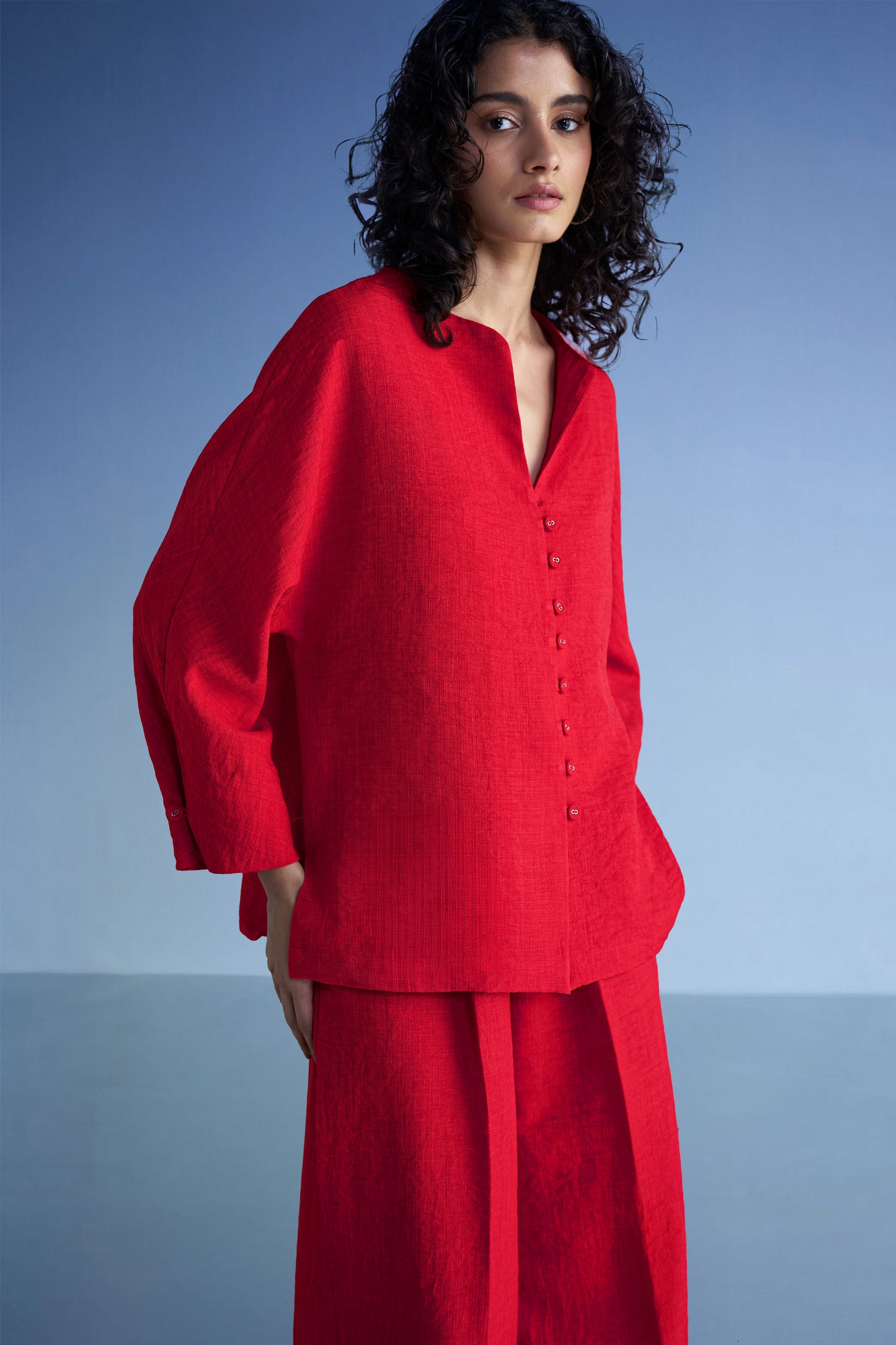 BUTTONED CUFF LINEN-TEXTURED SHIRT & WIDE-LEGGED PANT SET