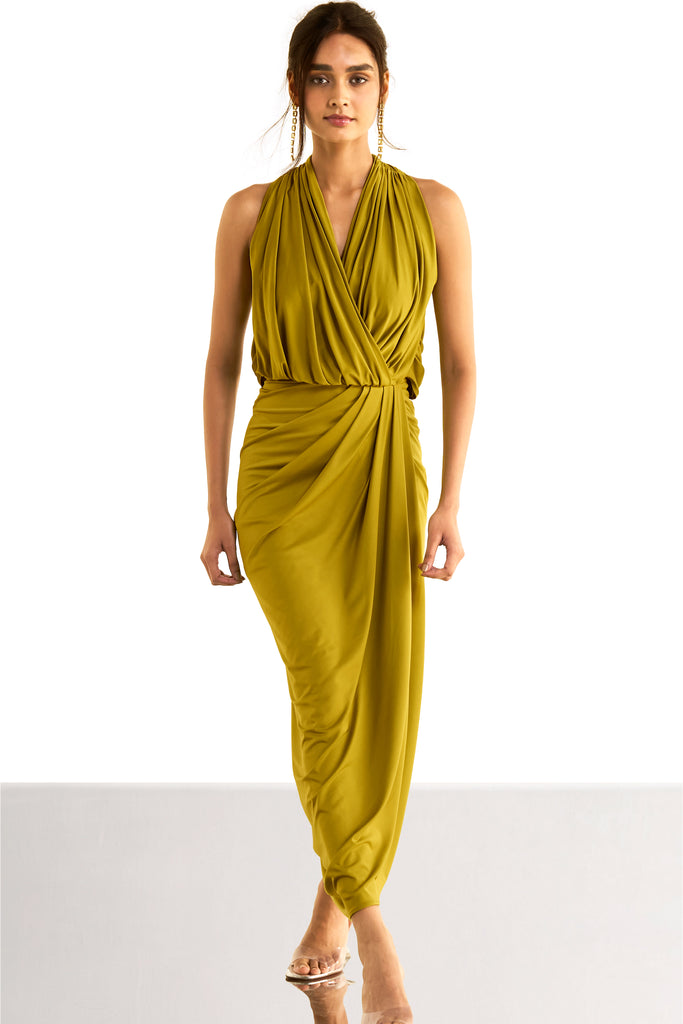 HALTER NECK FRONT OVERLAP KNIT DRESS dash and dot