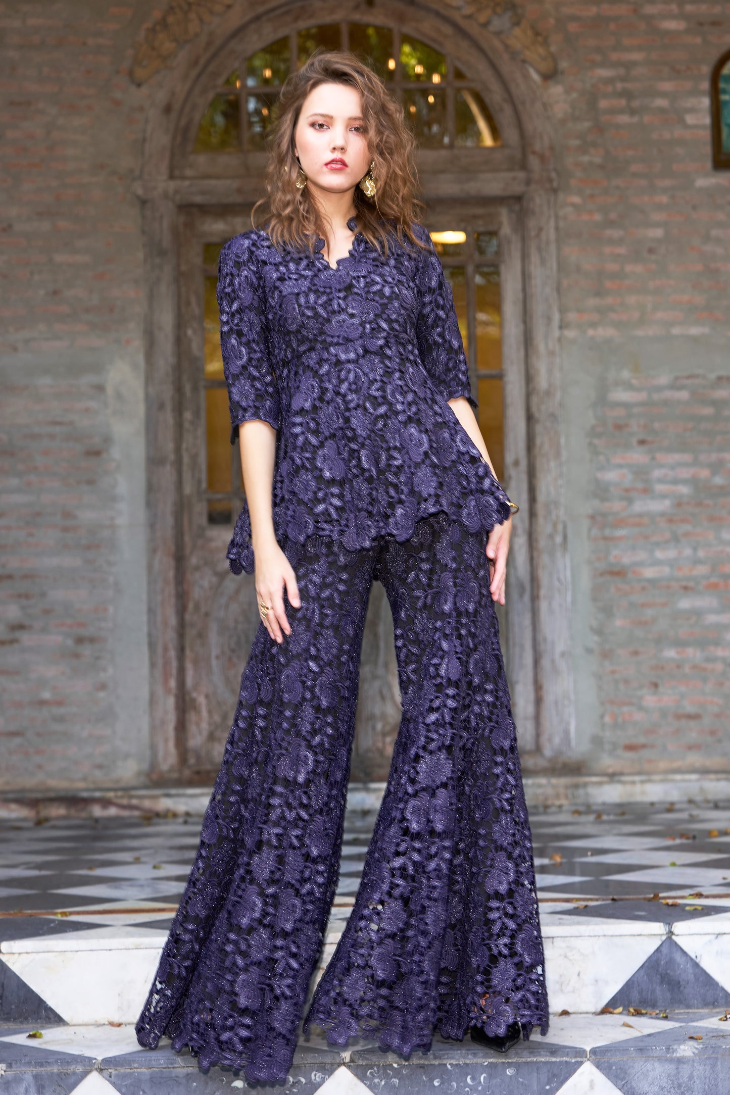EMBROIDERED LACE FLARED PANT