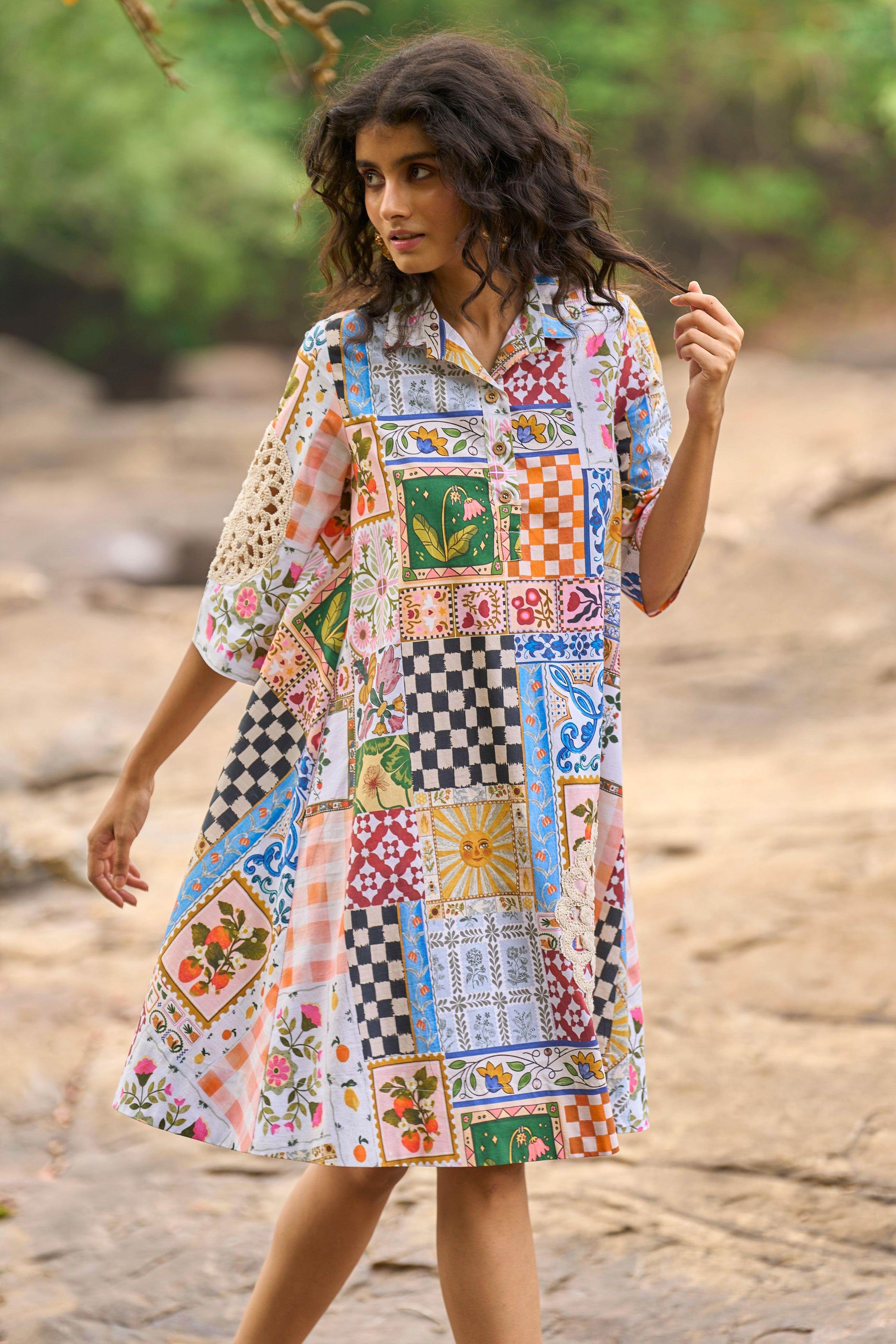patchwork knitted summer dress Hand-knitted Cotton Granny Square Dress: Colorful Crochet Patchwork