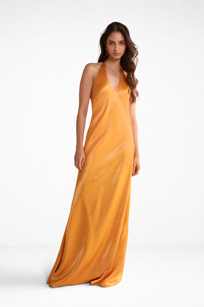 BACK KNOT HALTER SATIN GOWN dash and dot