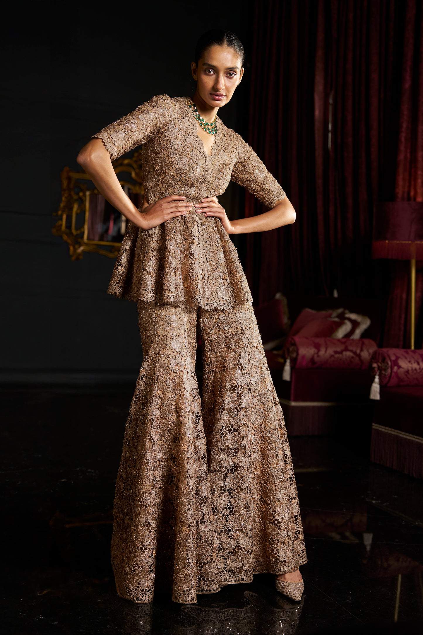 EMBROIDERED LACE PEPLUM TOP AND PANT SET