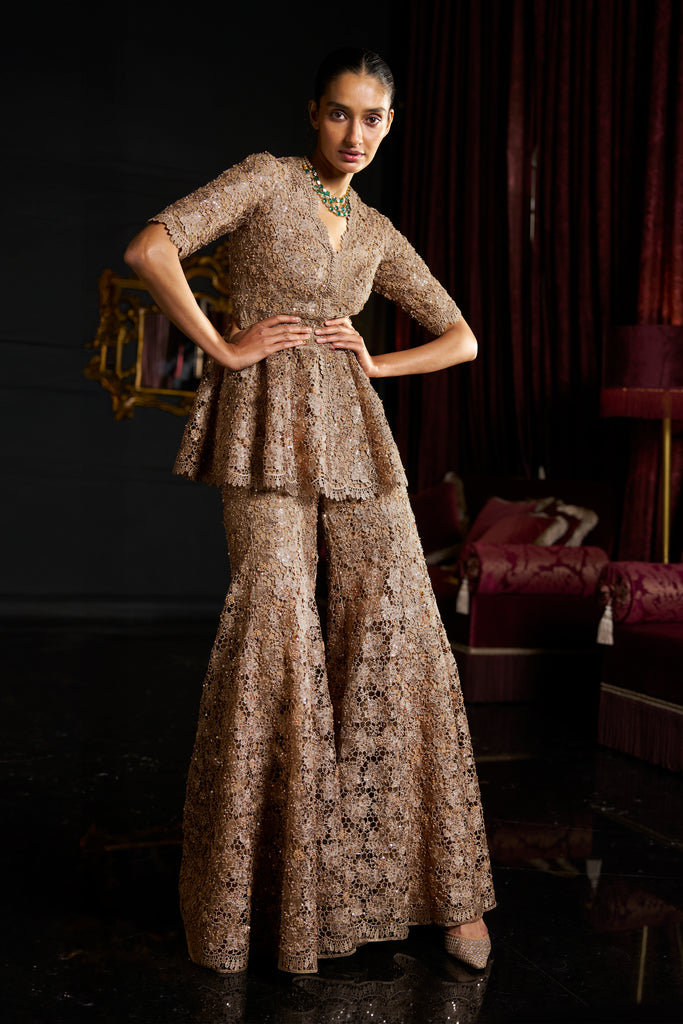 EMBROIDERED LACE PEPLUM TOP AND PANT SET dash and dot