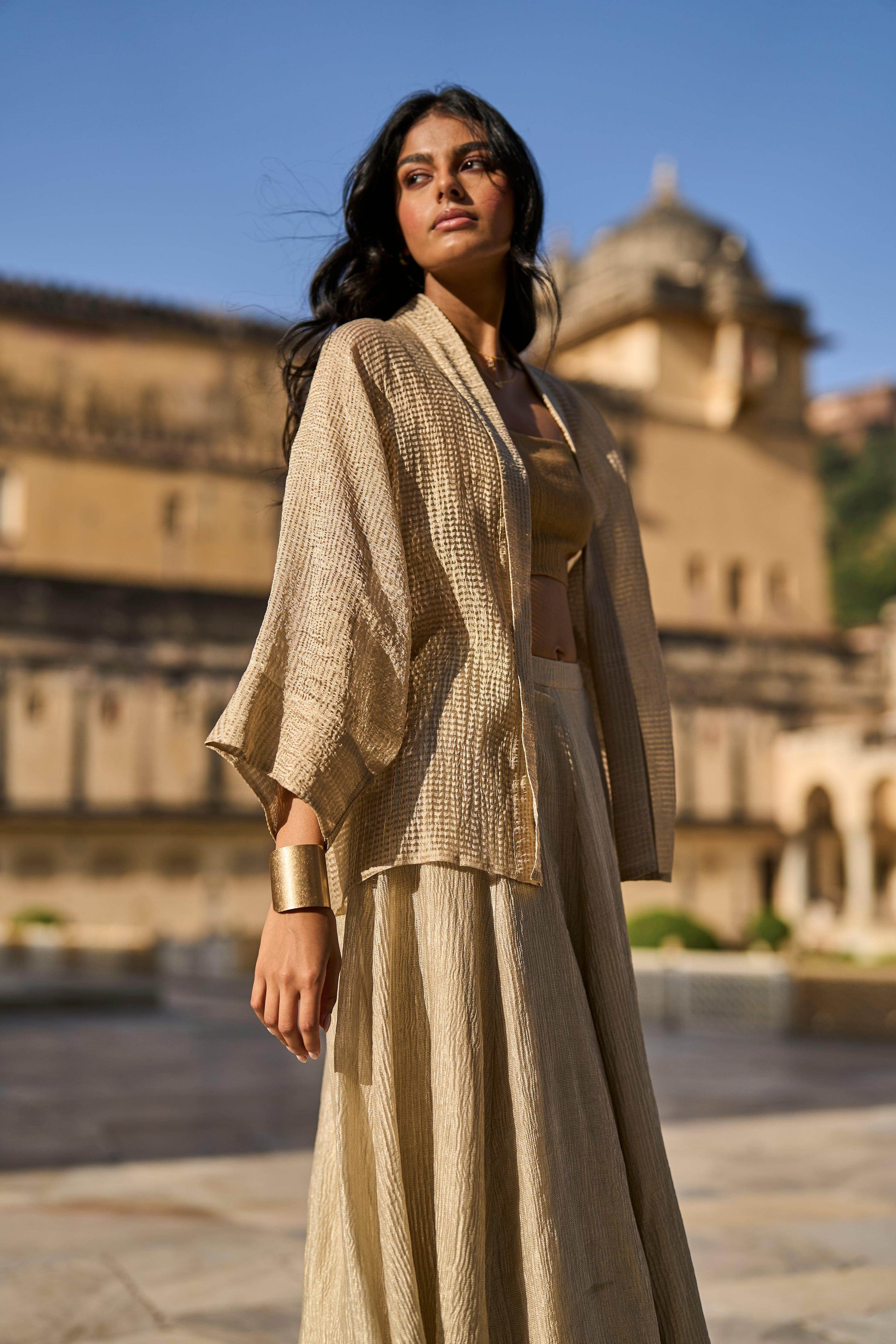 GOLD TISSUE BRALETTE, SHRUG AND SKIRT SET - dash and dot