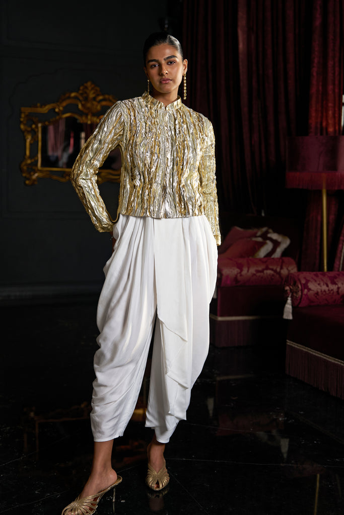 CRUSHED GOTA WEAVE BOLERO & IVORY COWL PANT dash and dot