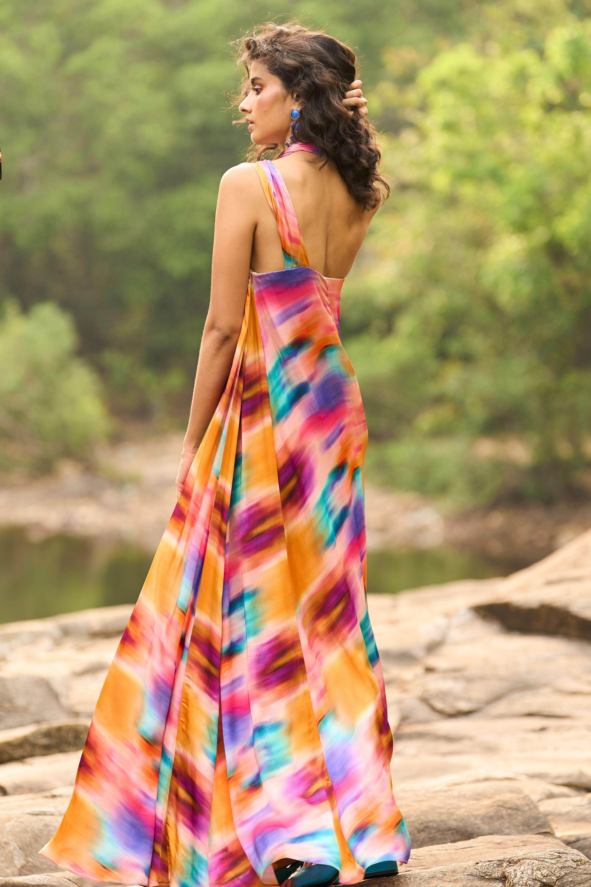 PRINTED HALTER FLARED DRESS - dash and dot