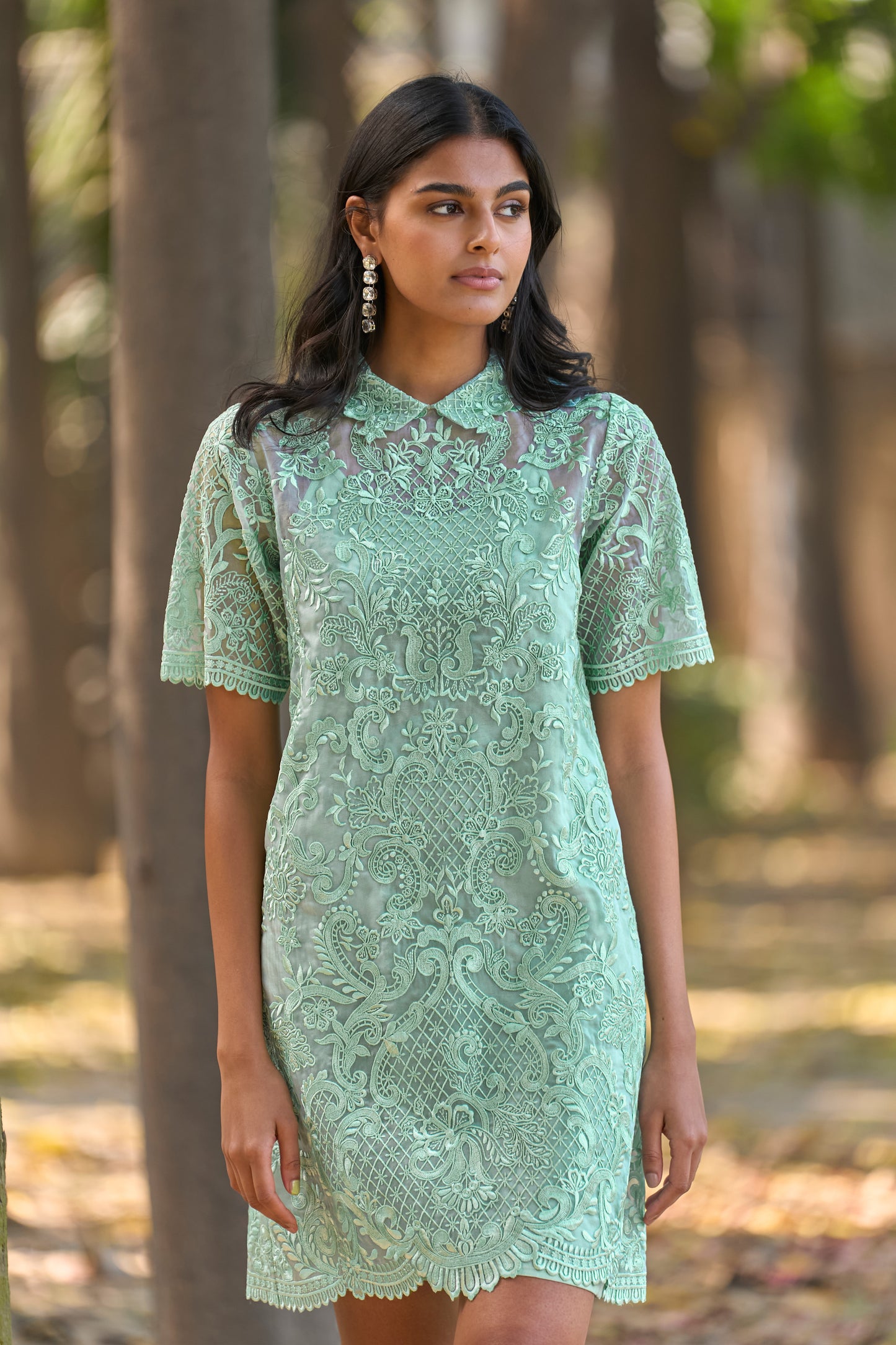 SCALLOPED EMBROIDERED MINI SHIRT DRESS