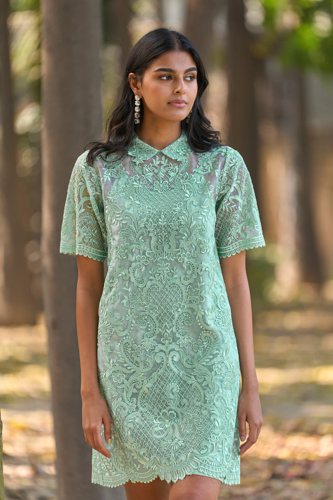 SCALLOPED EMBROIDERED MINI SHIRT DRESS dash and dot