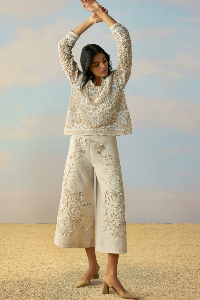 CUTWORK EMBROIDERED LINEN PANT dash and dot