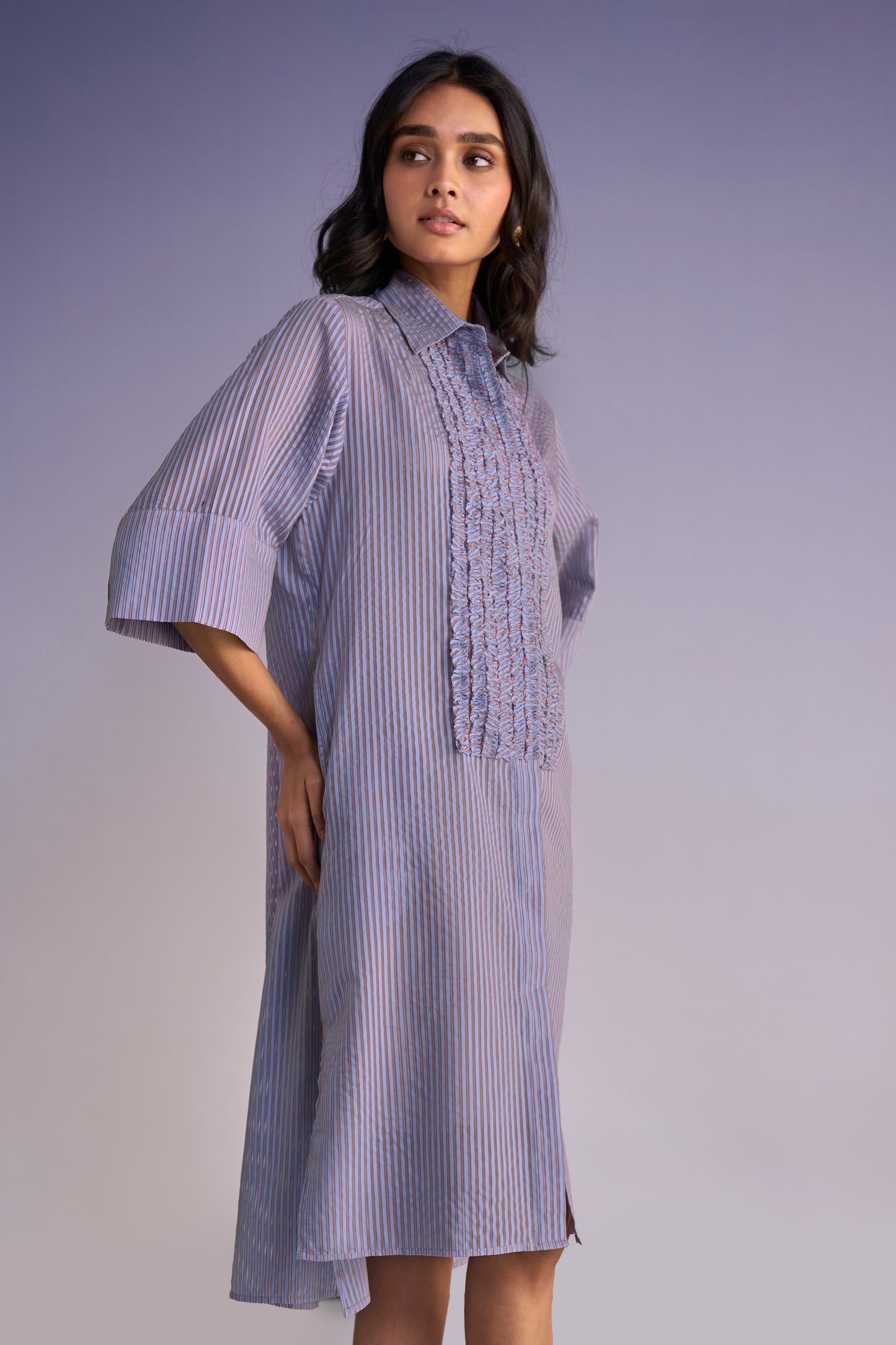 RUFFLED BIB ORGANZA STRIPE SHIRT DRESS