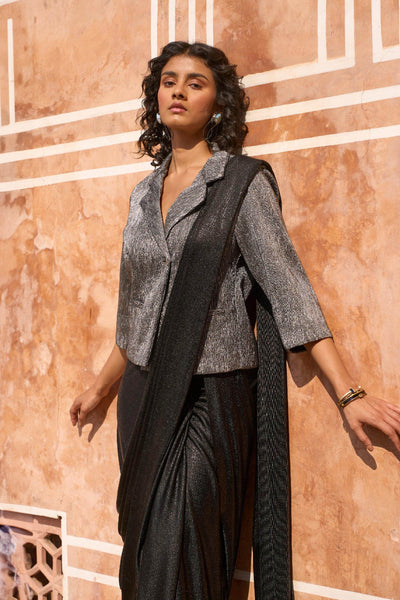 PLEATED METALLIC BLAZER TOP AND BLACK SARI DRAPE SKIRT - dash and dot