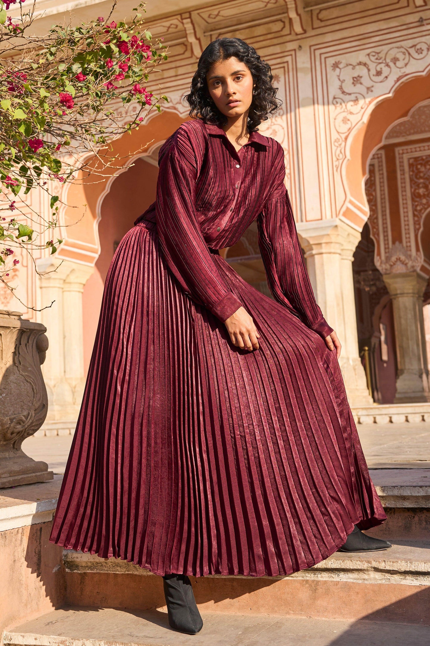 BURGUNDY PLEATED SHIRT - dash and dot
