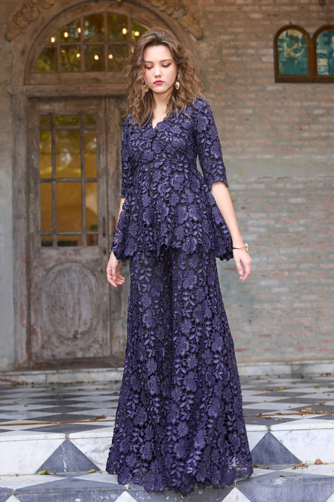 EMBROIDERED LACE PEPLUM TOP AND PANT SET dash and dot