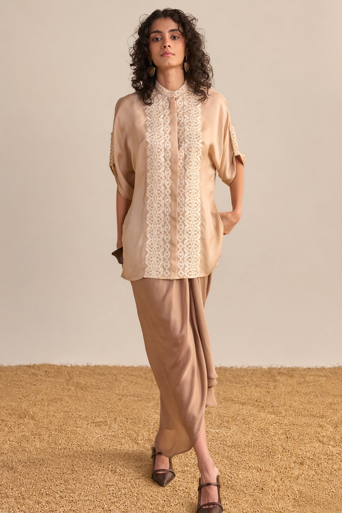 LACE EMBROIDERED SATIN TOP & DRAPED SKIRT SET