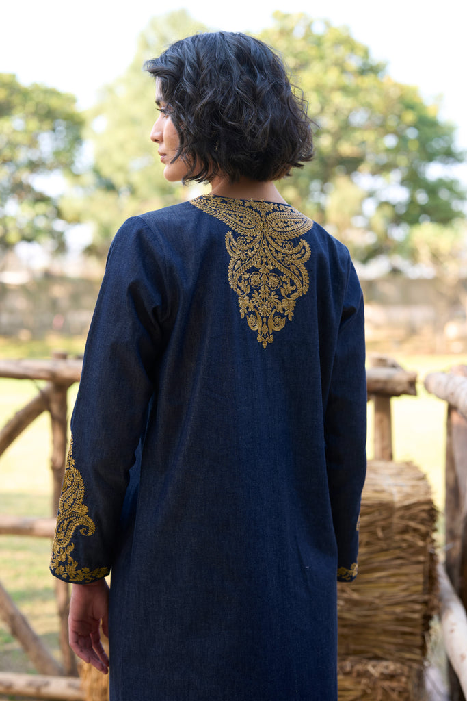 EMBROIDERED DENIM KAFTAN DRESS dash and dot