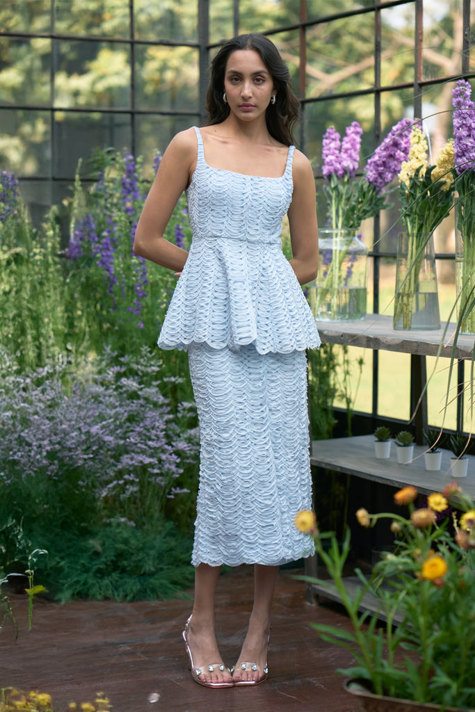 RIBBON EMBROIDERED PEPLUM TOP & MIDI SKIRT dash and dot