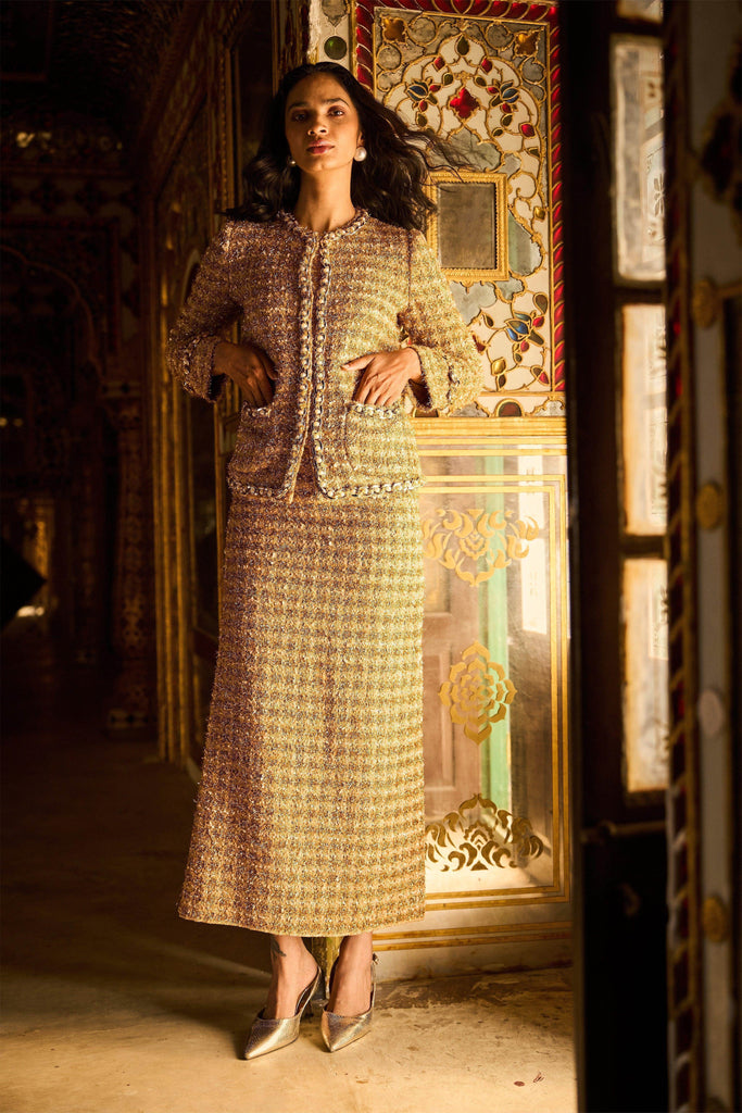 GOLD BOUCLÉ JACKET AND SKIRT - dash and dot dash and dot