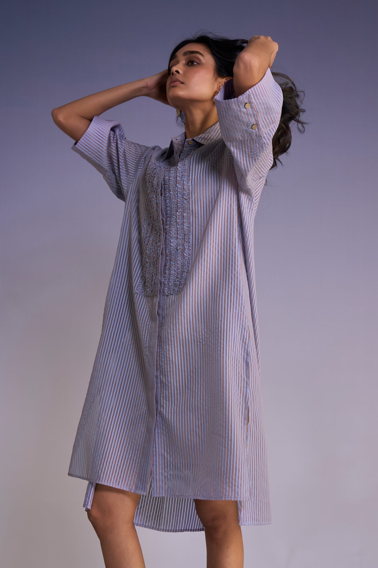 RUFFLED BIB ORGANZA STRIPE SHIRT DRESS