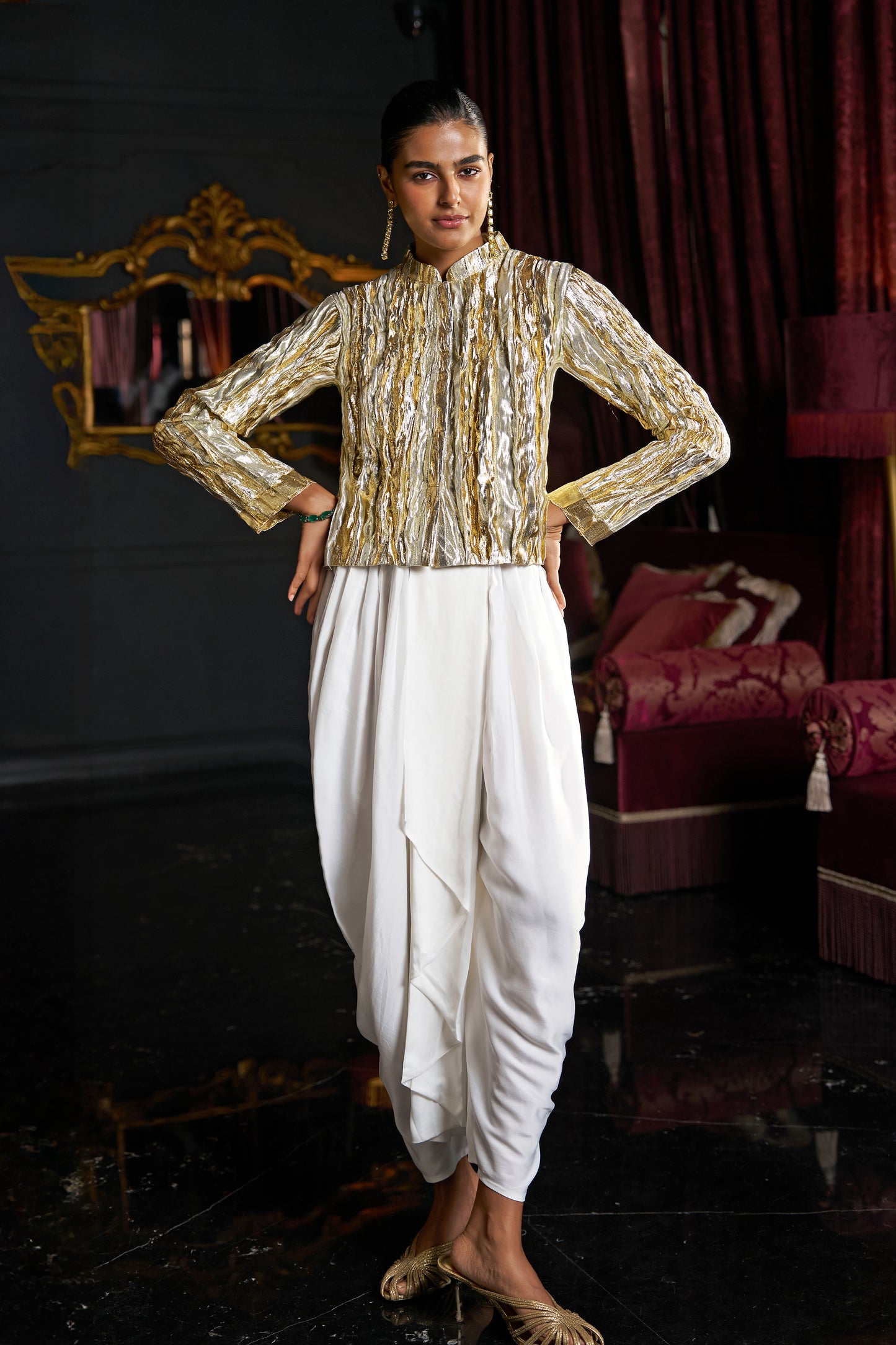 CRUSHED GOTA WEAVE BOLERO & IVORY COWL PANT