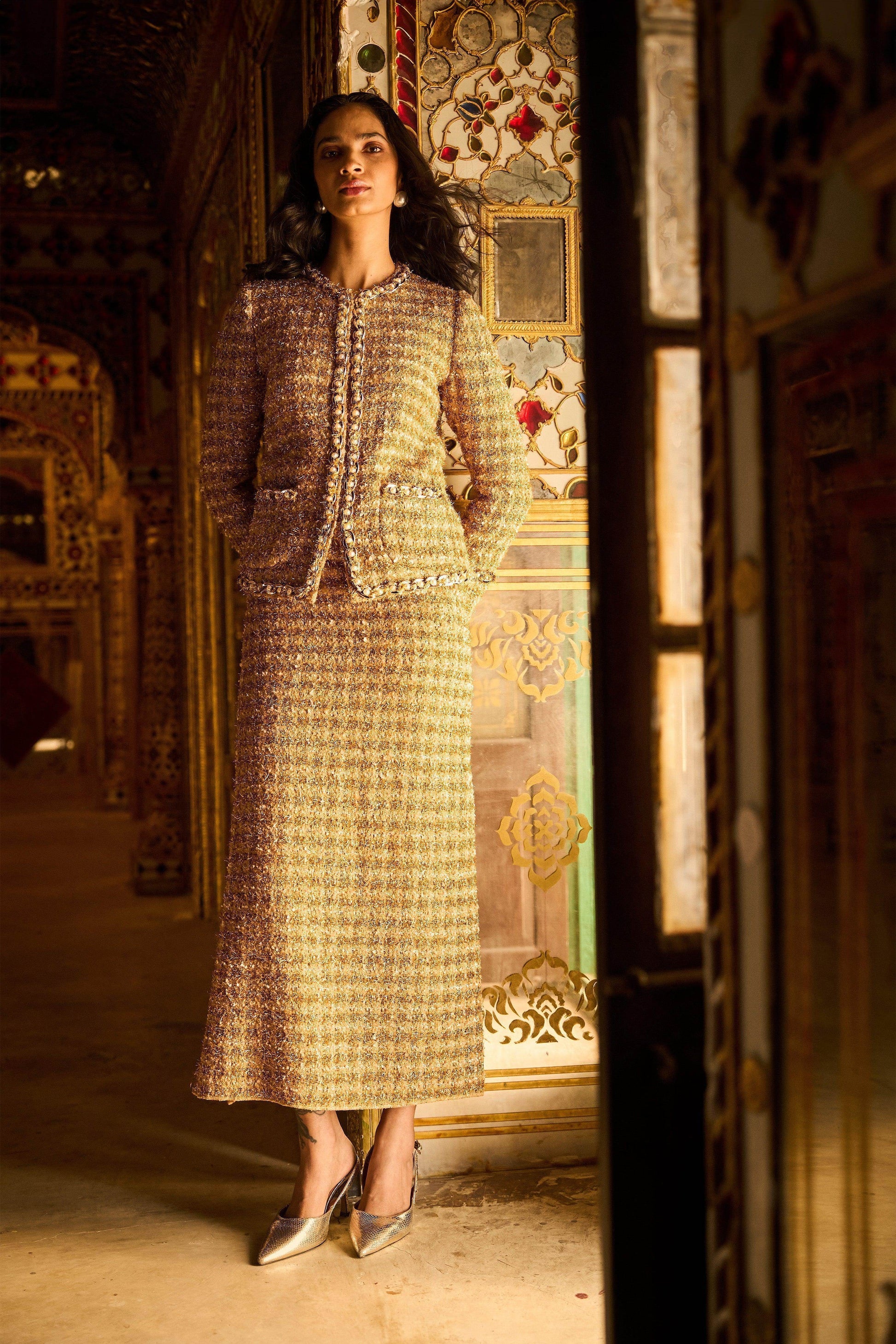 GOLD BOUCLÉ JACKET AND SKIRT - dash and dot