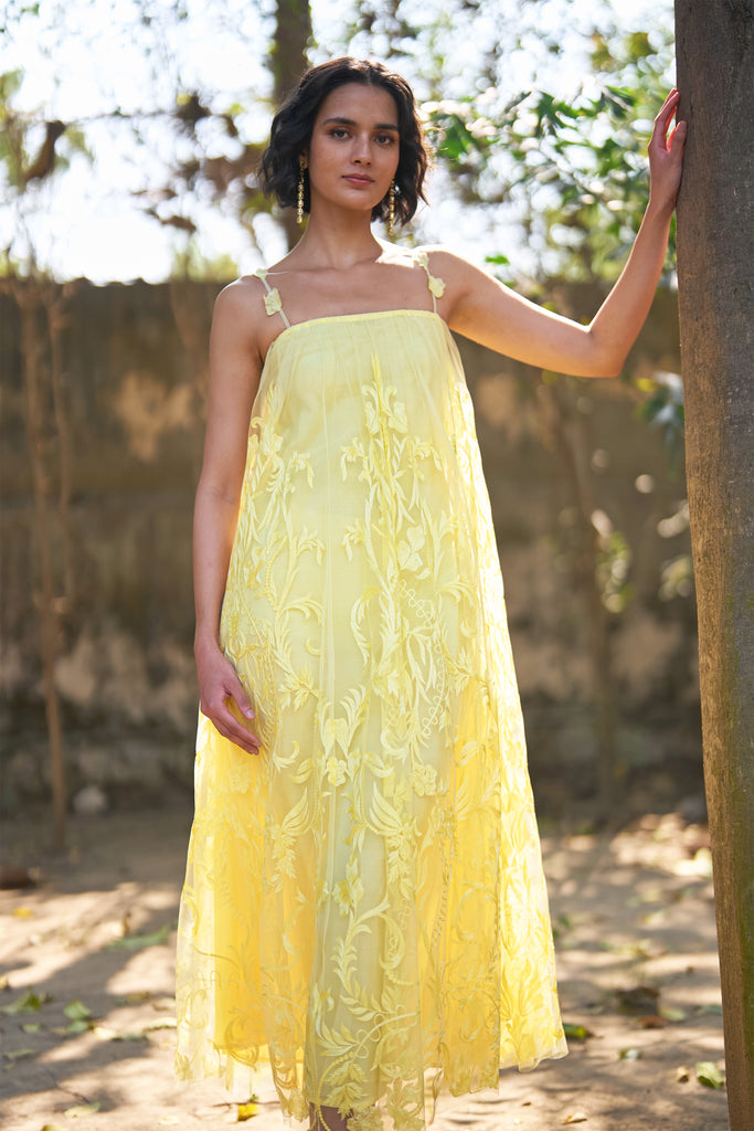 STRAPPY EMBROIDERED MIDI dash and dot