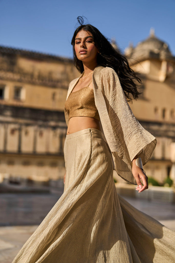 GOLD TISSUE BRALETTE, SHRUG AND SKIRT SET - dash and dot dash and dot