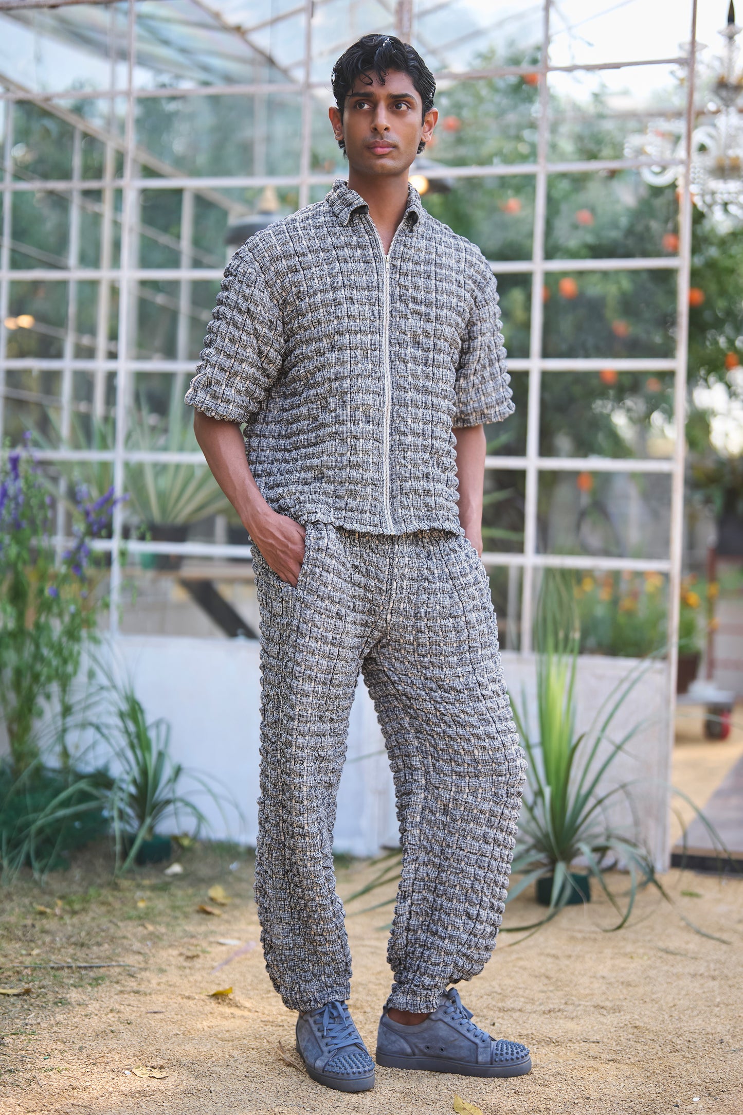 BUBBLE JACQUARD KNIT ZIP SHIRT