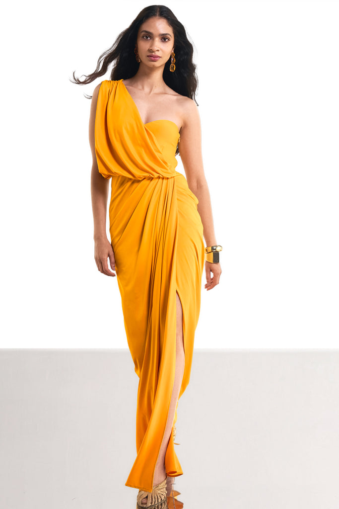 ONE SHOULDER DRAPED KNIT SARI GOWN dash and dot