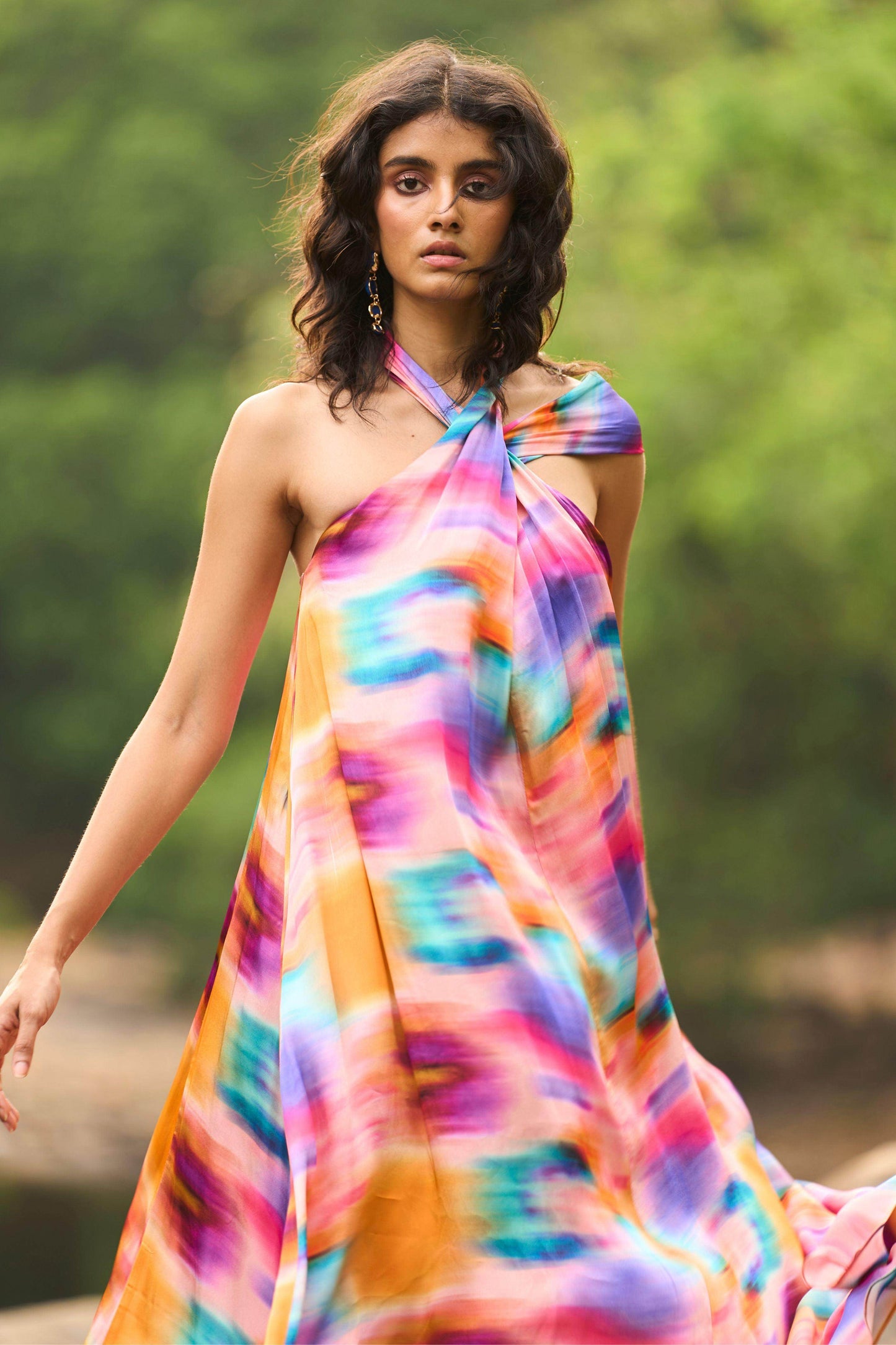 PRINTED HALTER FLARED DRESS - dash and dot
