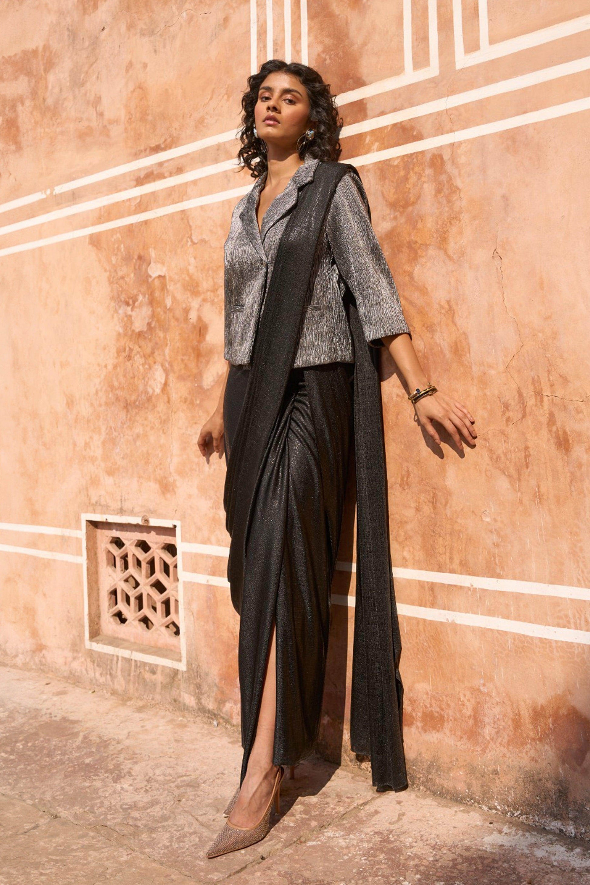 PLEATED METALLIC BLAZER TOP AND BLACK SARI DRAPE SKIRT - dash and dot