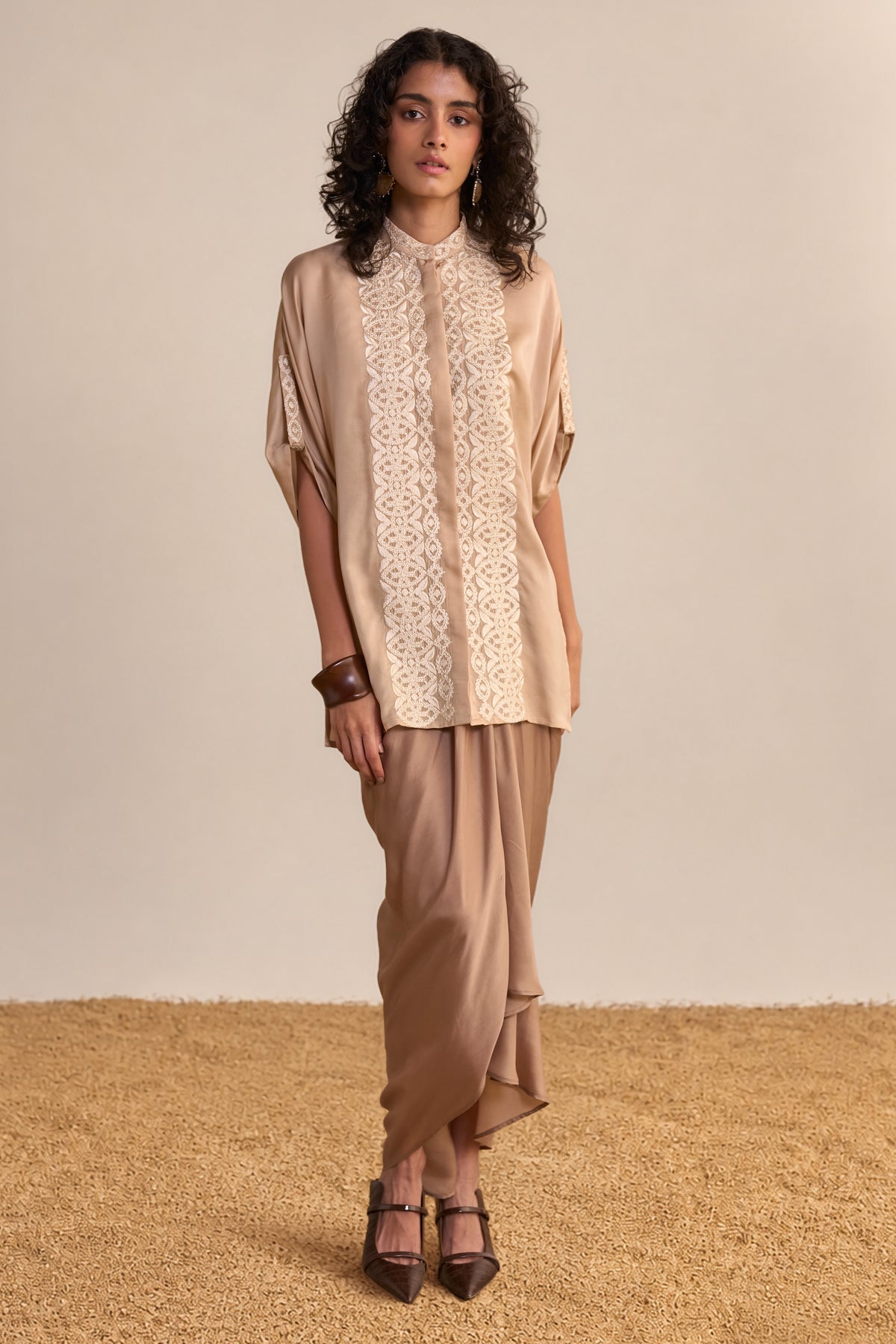 LACE EMBROIDERED SATIN TOP