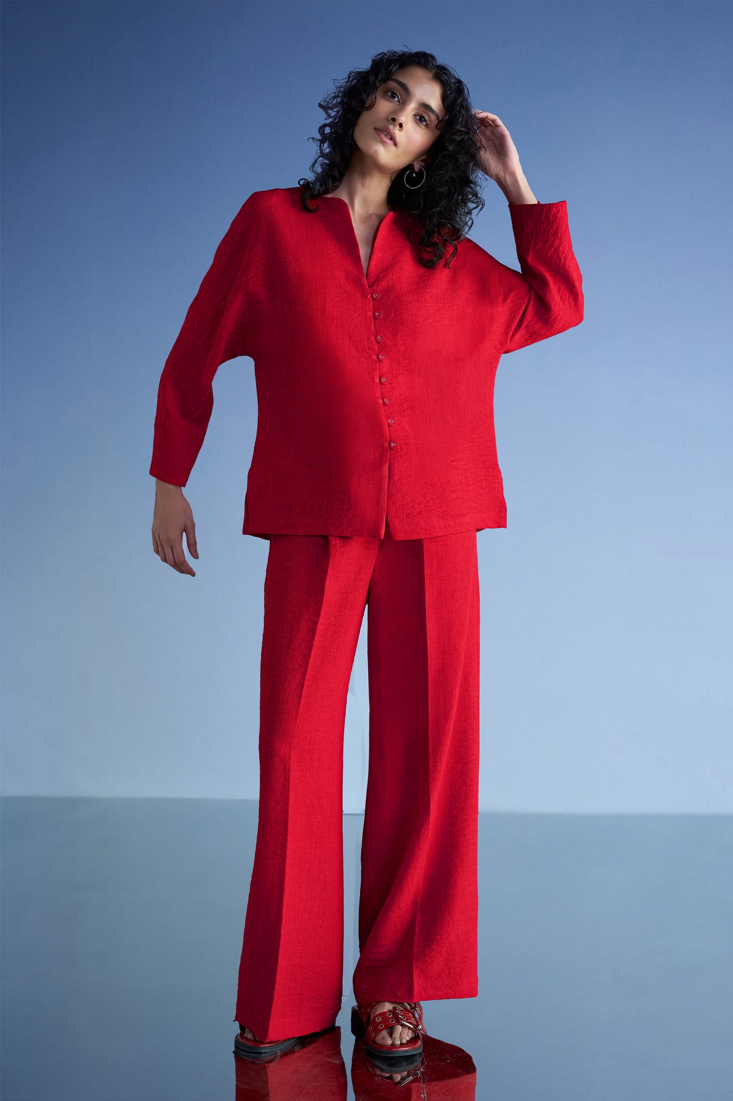 BUTTONED CUFF LINEN-TEXTURED SHIRT & WIDE-LEGGED PANT SET