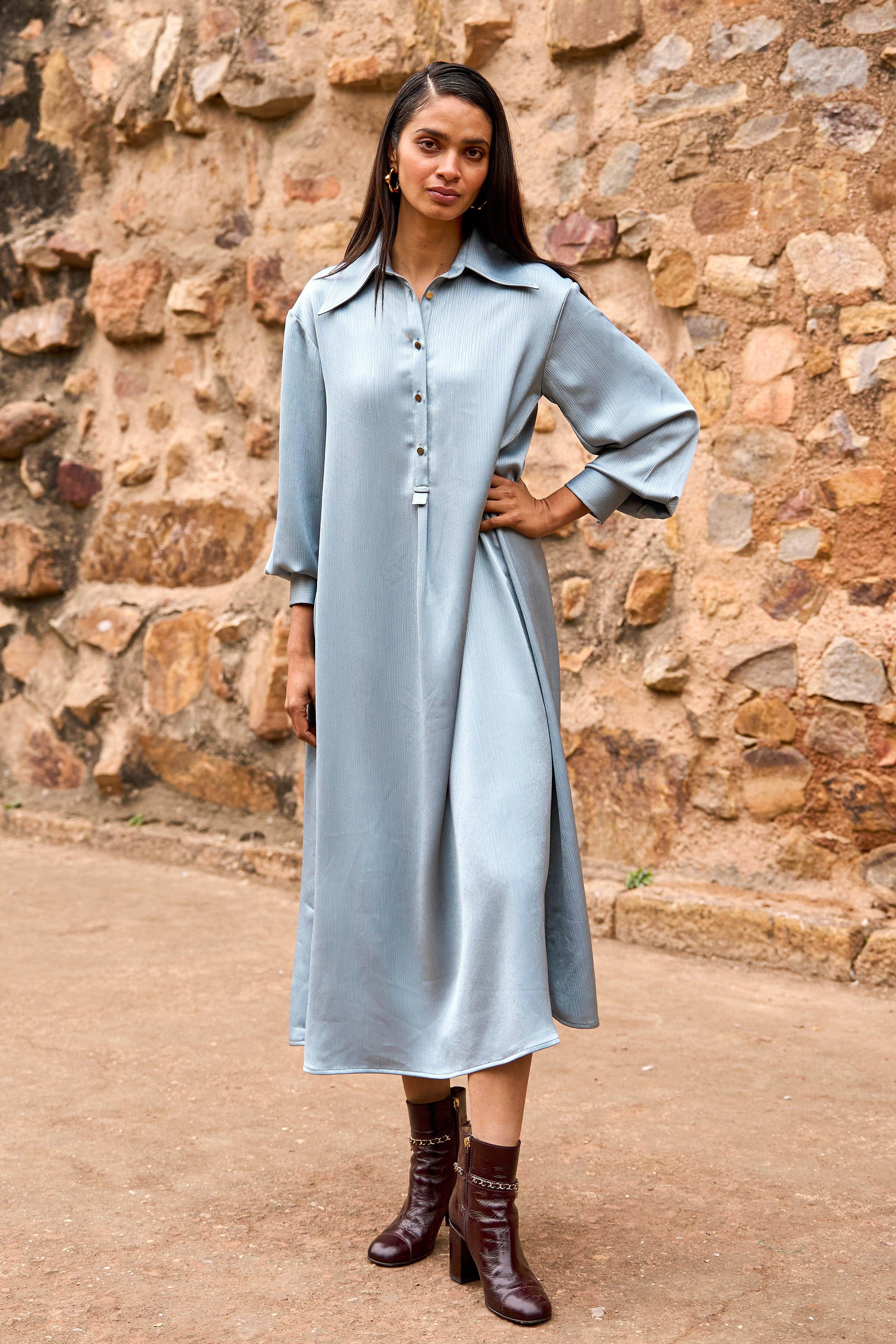 TEXTURED SATIN SHIRT DRESS XS / Petrol