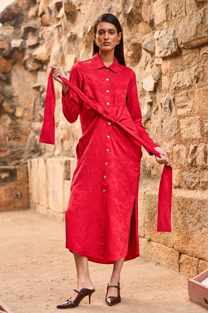 RED JACQUARD SHIRT DRESS - dash and dot dash and dot