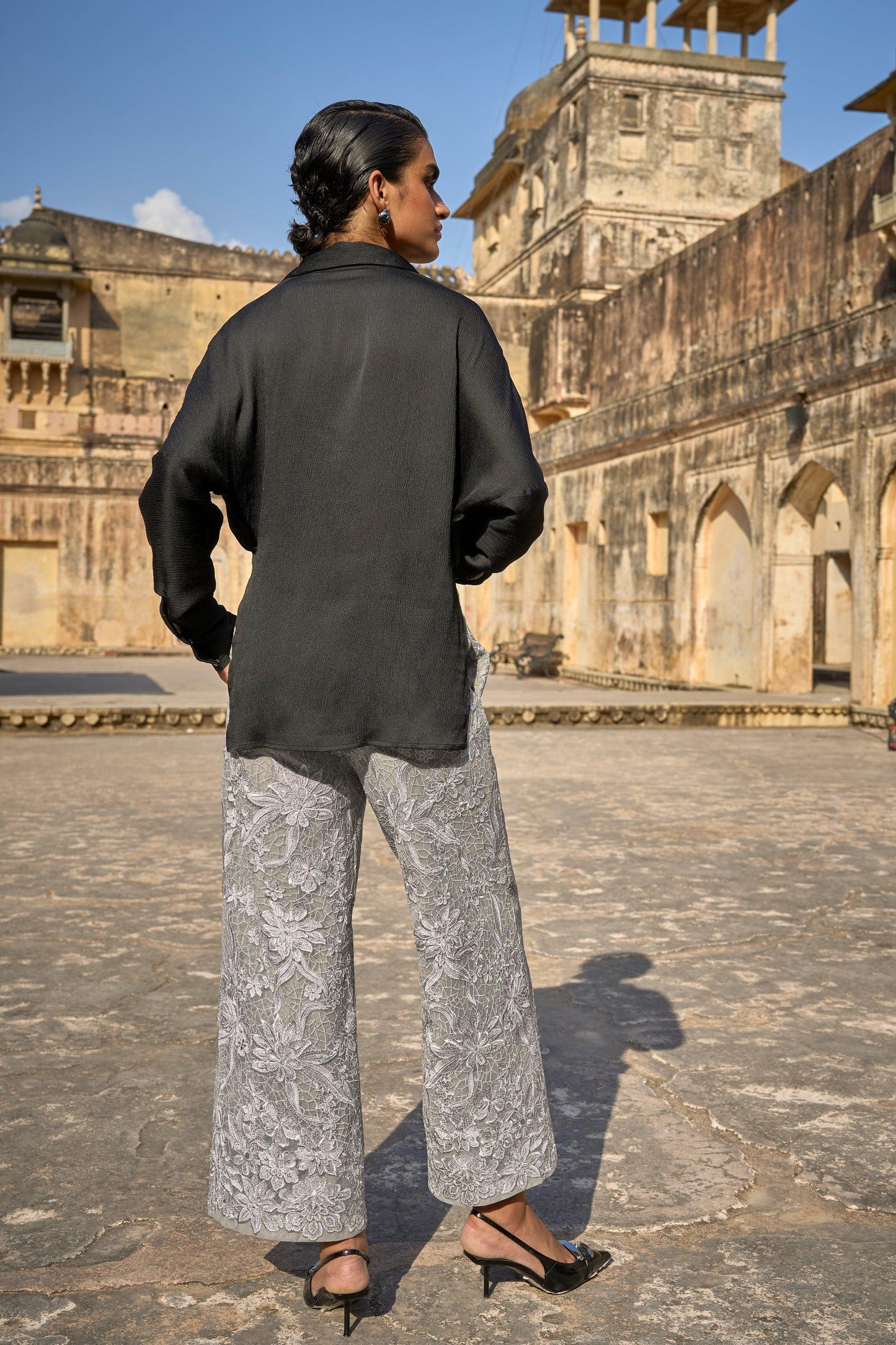 DRAPED SHIRT & METALLIC EMBROIDERED PANT - dash and dot