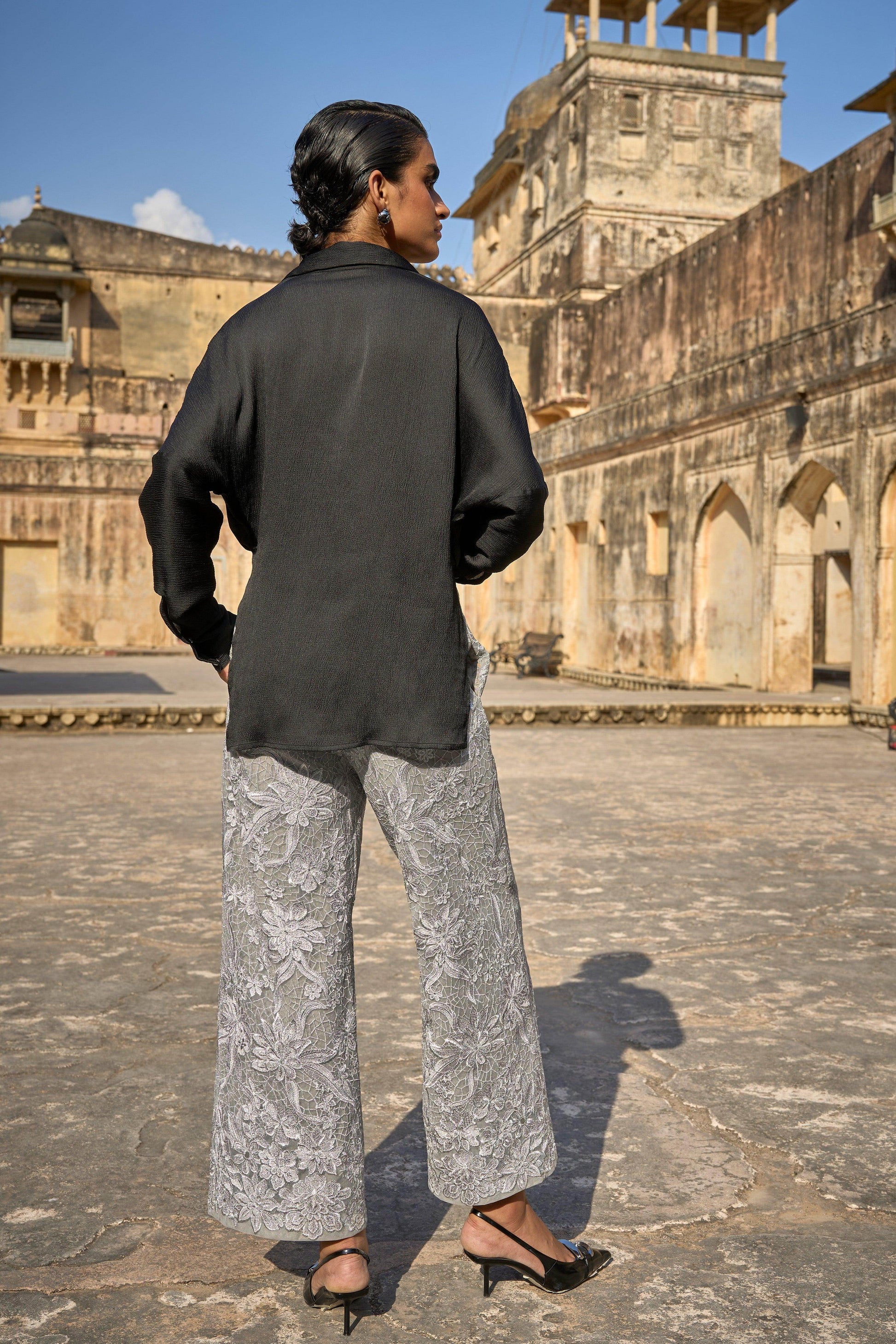 DRAPED SHIRT & METALLIC EMBROIDERED PANT - dash and dot