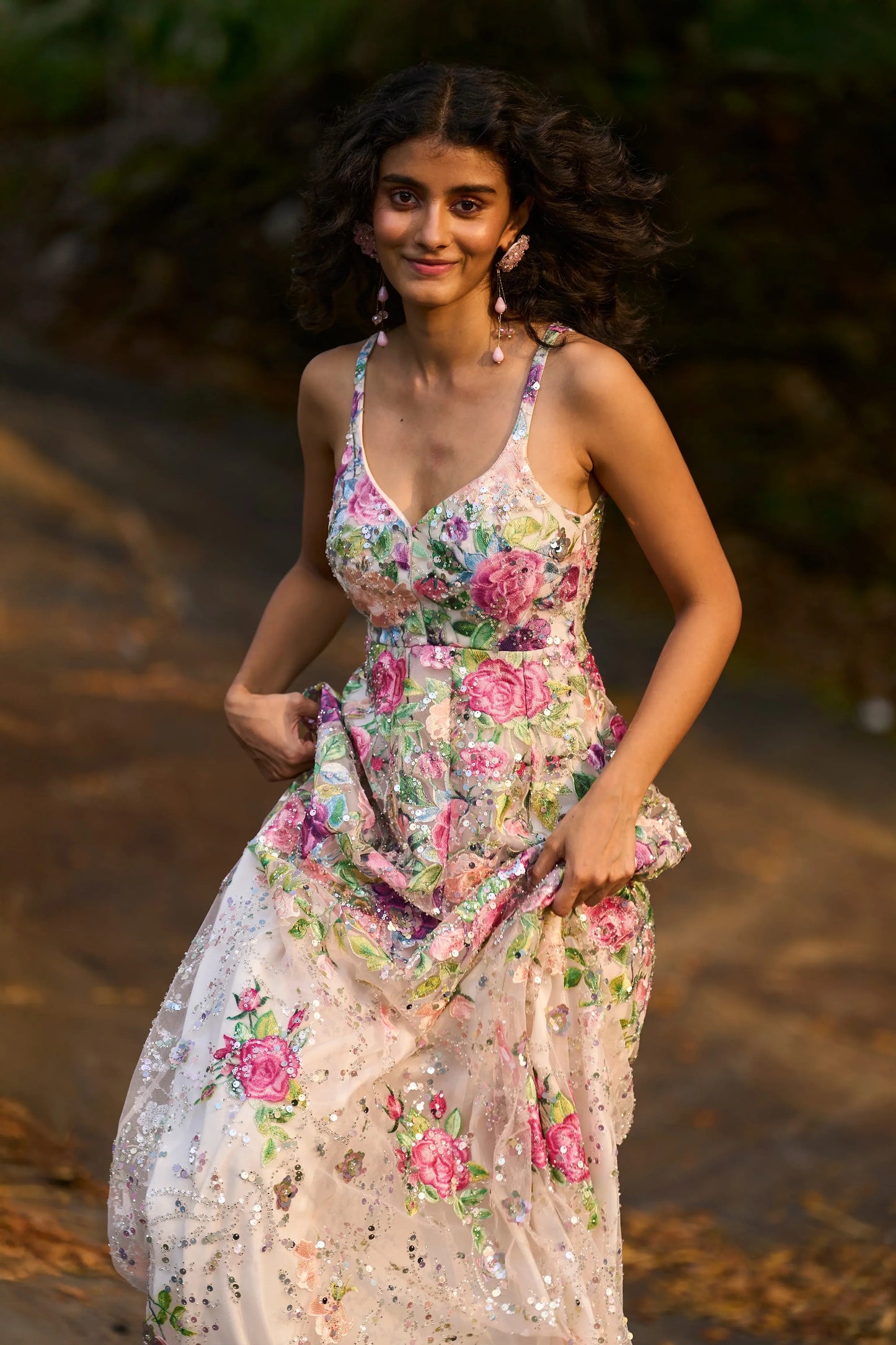 FLORAL SEQUIN MESH GOWN