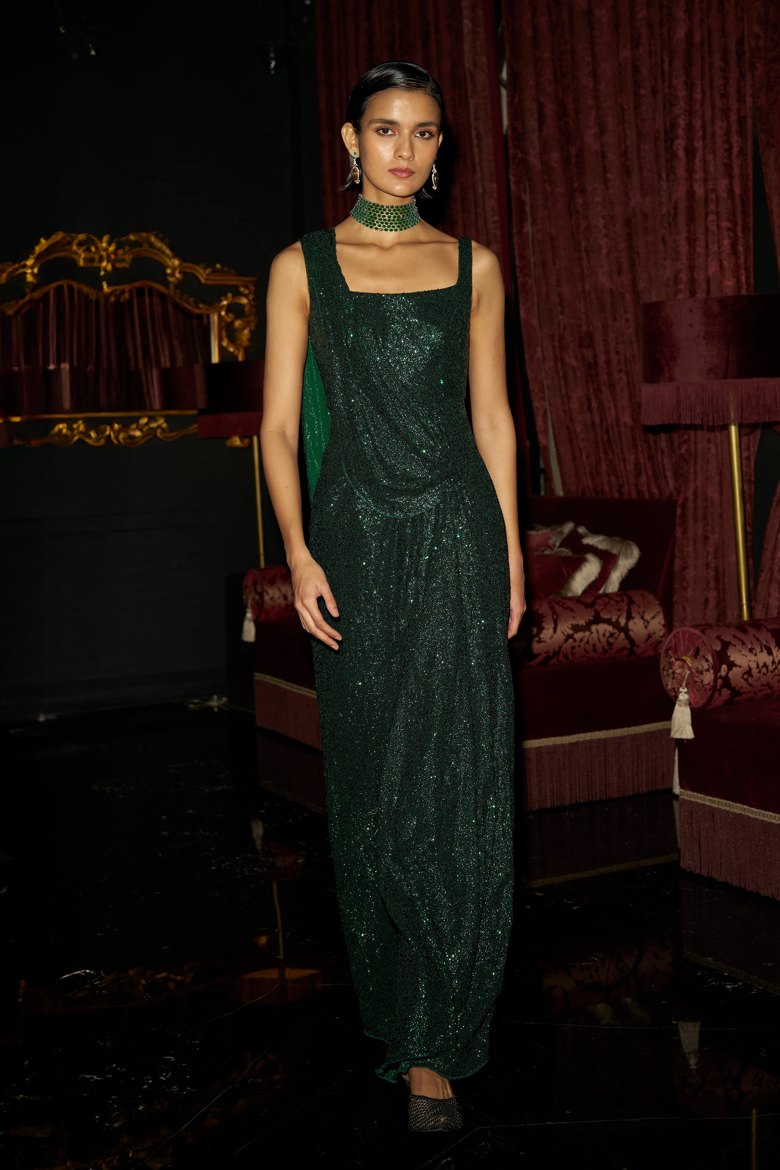 emerald green drape dress SEQUIN SARI GOWN – dash and dot TikTok Shop
