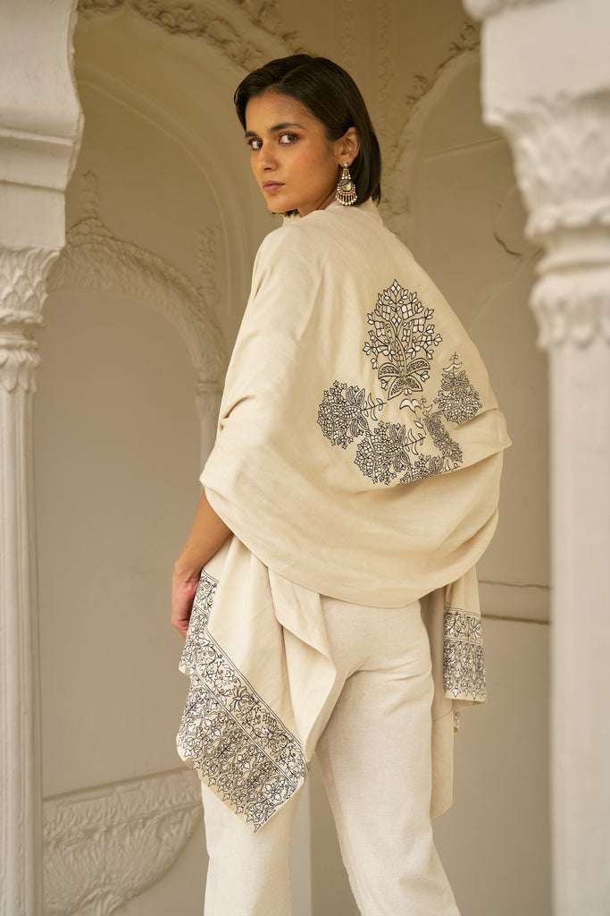 LINEN EMBROIDERED PANT SET WITH SHAWL dash and dot