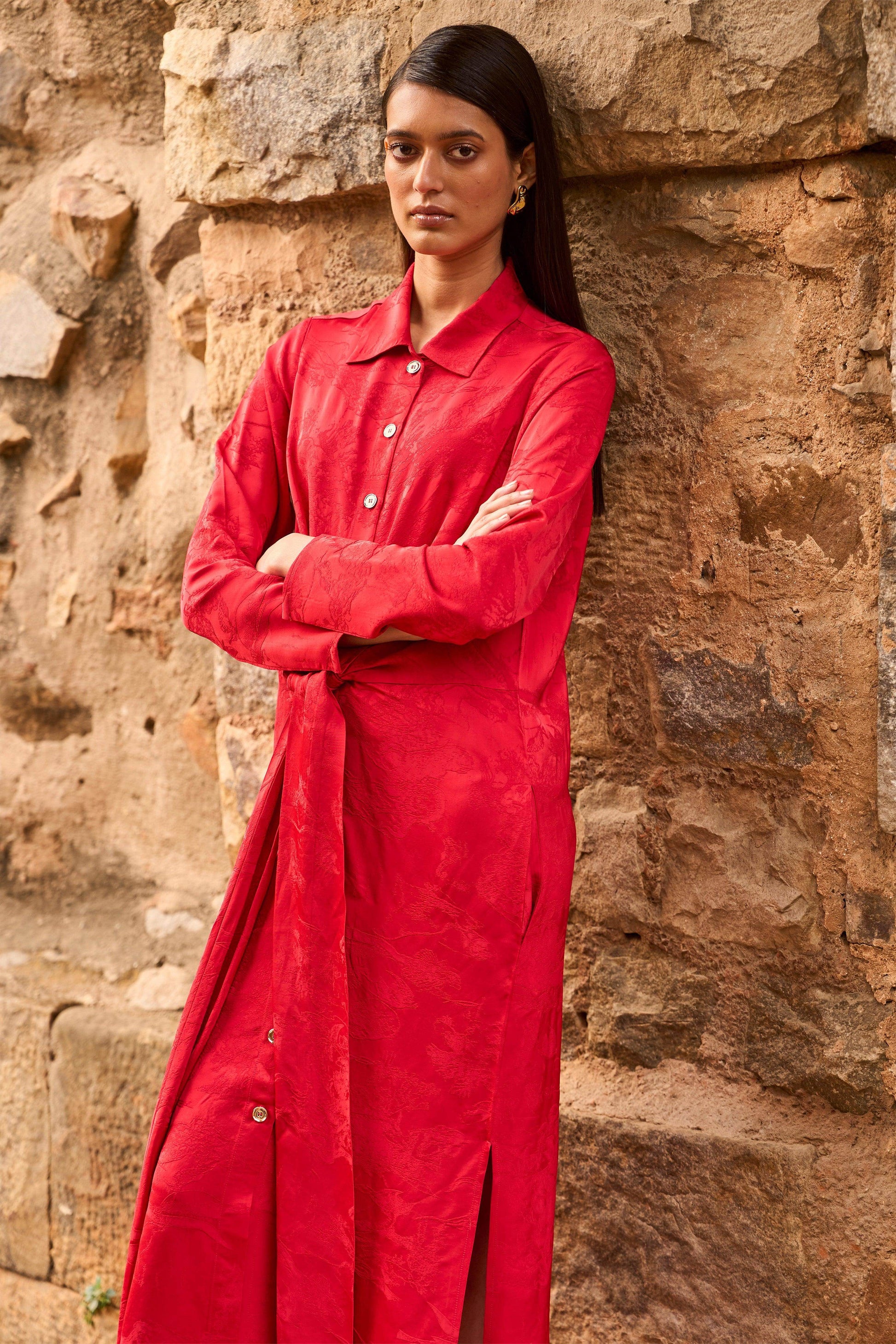 RED JACQUARD SHIRT DRESS - dash and dot