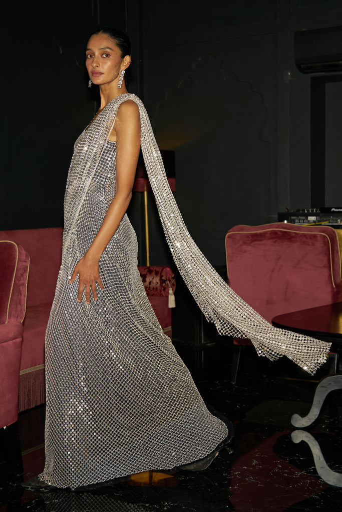 SILVER SEQUIN SARI DRAPE GOWN dash and dot