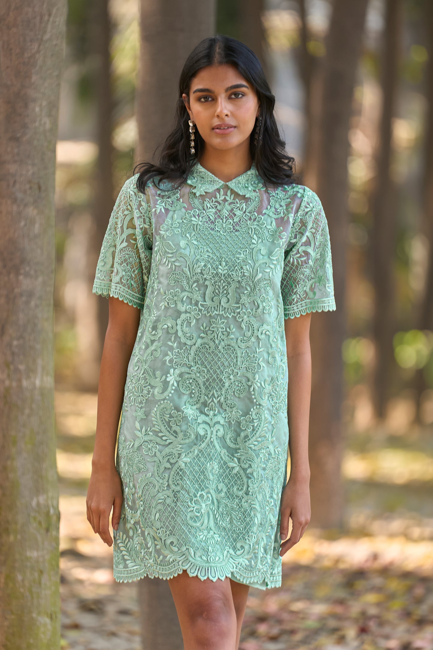 SCALLOPED EMBROIDERED MINI SHIRT DRESS