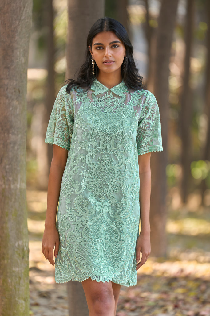 SCALLOPED EMBROIDERED MINI SHIRT DRESS dash and dot